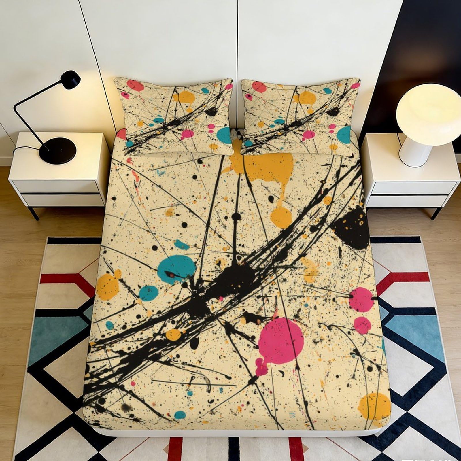 3D Printed Abstract Splatter Fitted Sheet Microfiber Colourful Geometry Bed Cover for Bedroom Guest Room Decor 90x200x25cm