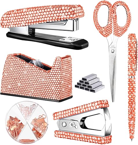 Juego de 6 piezas de accesorios de escritorio de oficina, kit de papelería escolar de cristal, grapadora de tijera con grapa, dispensador de cinta,