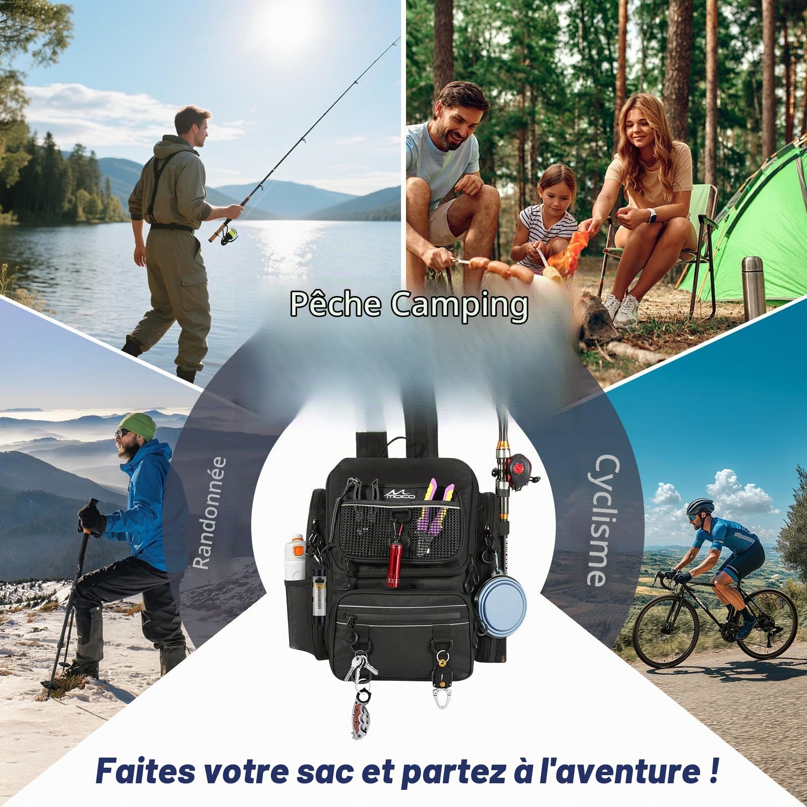 MoKo Sac à Dos de pêche, Grand Sac à Dos de pêche 40L avec Porte-Cannes et classeur d'appâts pour Stocker Le matériel de pêches⁠⁣ et l'équipement pour la randonnée et Le Camping, Noir