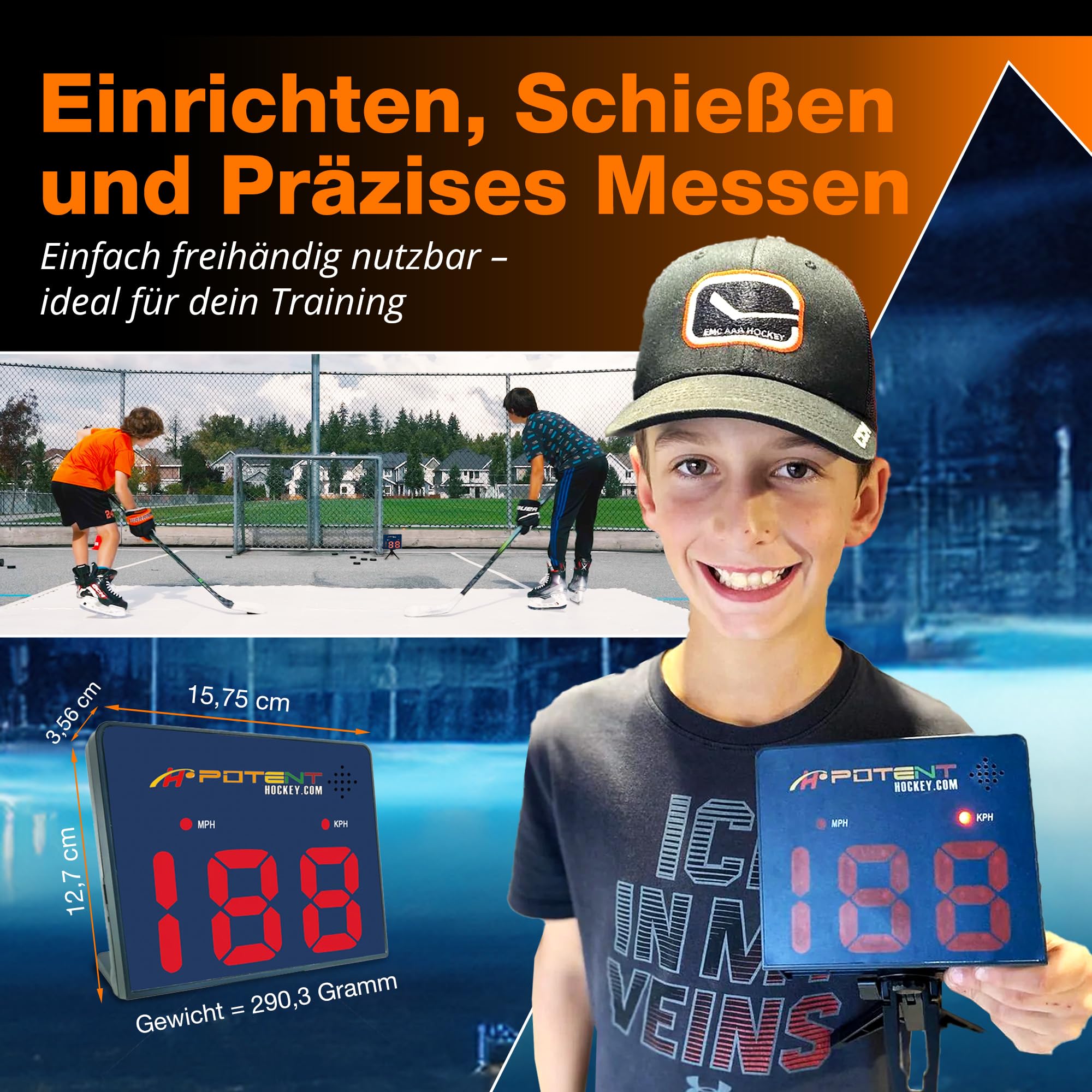 Potent Hockey, Fußball & Racket Ball Speed Radar Gun – Präzises Geschwindigkeitsmessgerät – Tragbar & wiederaufladbar – Für Android & iOS – Ideal für Eishockey, Fußball & Racket Ball