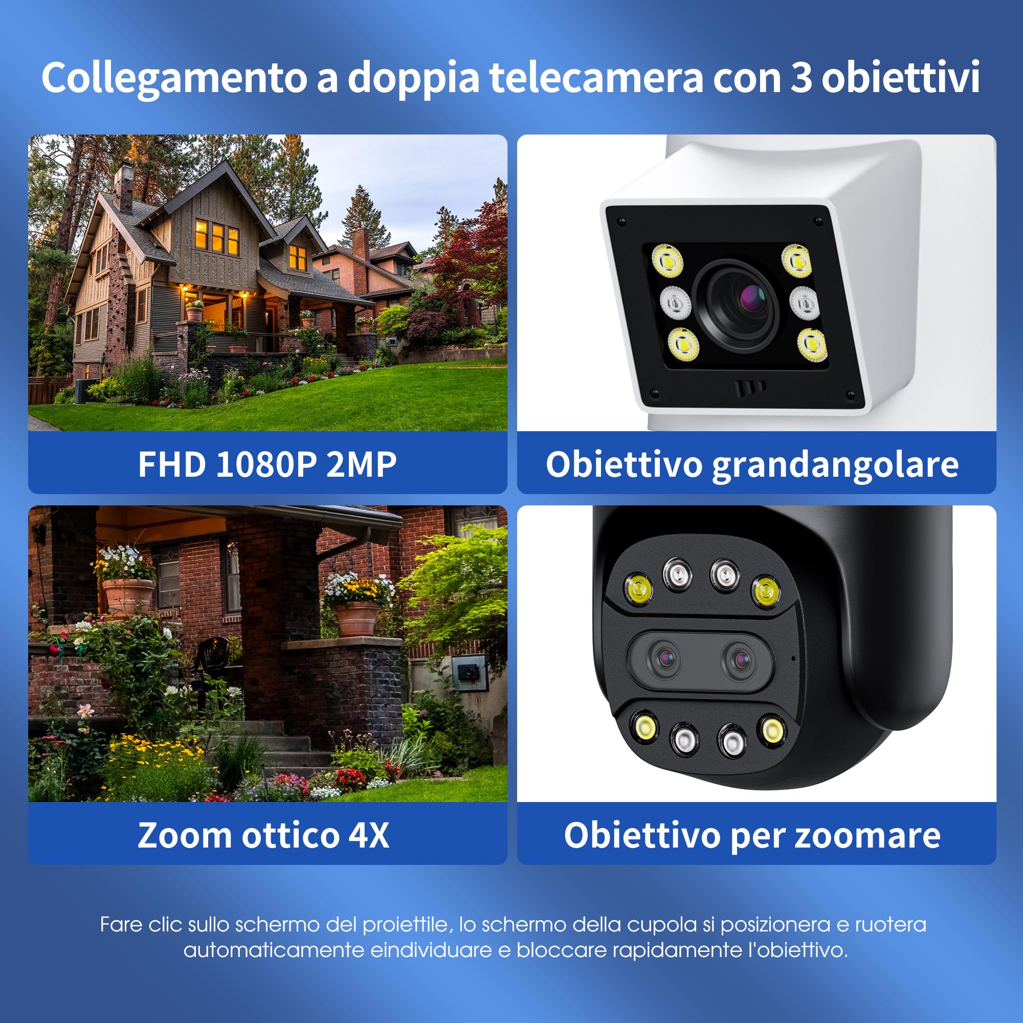 Telecamera Wi-Fi Esterno,Tre-Lente Doppia-Visione, 2,4G FHD1080P PTZ IP Videocamera Sorveglianza,Tracciamento Automatico,Visione Notturna a Colori, Audio Bidirezionale, IP66 (HD)