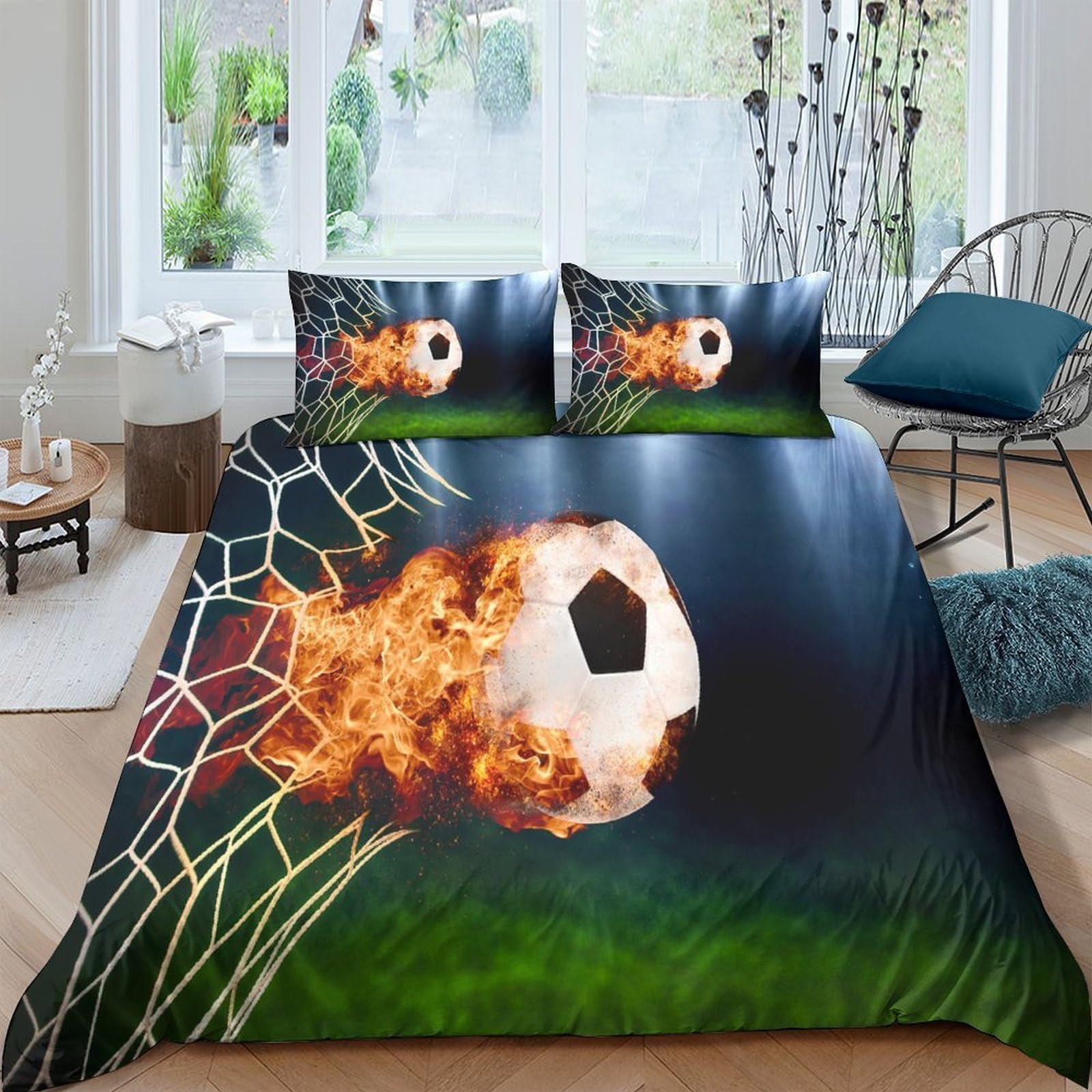 Ctjqhvkz Style-5 3D Printed Flaming Soccer Fitted Sheet Microfiber Fireball Football Bed Cover For Bedroom Sports Decor Protection Single（135X200cm）