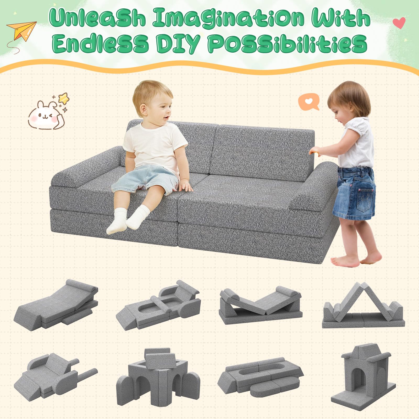 Sofá modular para niños con fundas lavables, sofá de espuma para juegos creativos, escalada y descanso, sofá convertible para niños, muebles de juego para habitación de niños o guardería 3