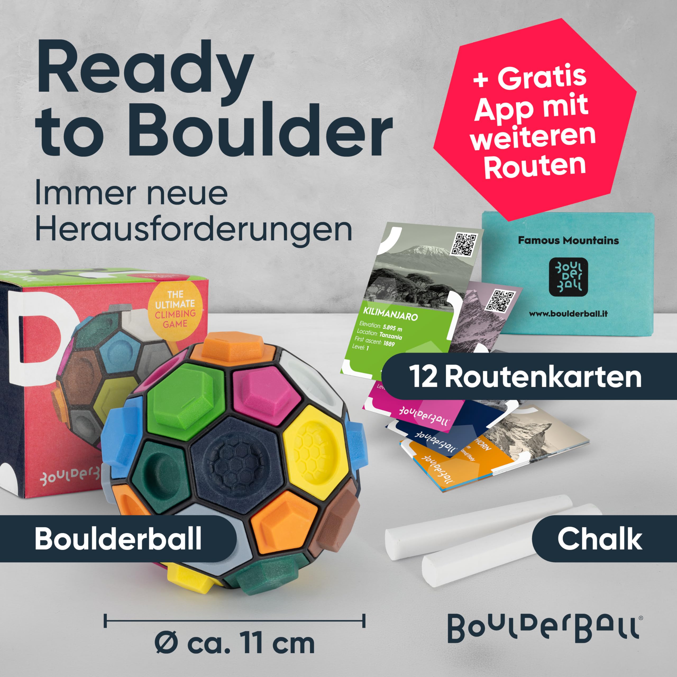 BOULDERBALL Basic I Spiel [ aus HÖHLE DER LÖWEN ] Geschenk für Kletterer Kletterball mit Klettergriffe - Spiele Klettern auf dem Ball - Kletterwand für unterwegs - Geschicklichkeitspiel + gratis App