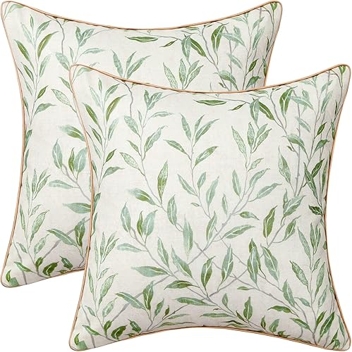 VOGOL Juego de 2 fundas de almohada con estampado de hojas verdes con cenefas de cocina a juego, cenefa de 52 x 18 pulgadas para ventana pequeña, un