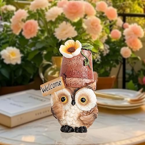 Miniatura 7 de Decoración de búho para estatuas de jardín, bonita figura con letrero de bienvenida para patio, porche, patio, césped, adorno de estante para