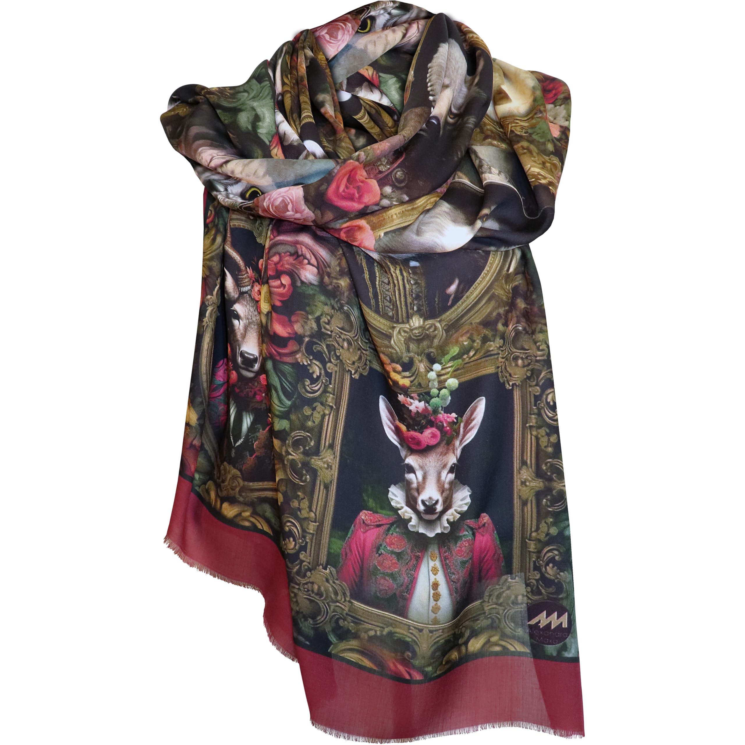 Alexandra Maxa Schal Damen „Fröhliche Tiermotive“ – weicher Modal Damenschal mit stilvoll gekleideten Tieren – großer Designer Schal – modisches Accessoire & Geschenk für Tierliebhaber