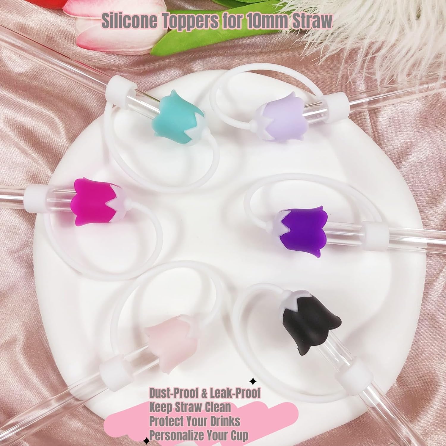 3D Big Bow Straw Toppers, Flower Straw Covers, Soft Silicone 0.4in/10mm Straws Accessories, Compatible with Stanley Cup 30&40 Oz, Dust-Proof Leak-Proof Protectors (Set C- Mixed Flower) - Image 2