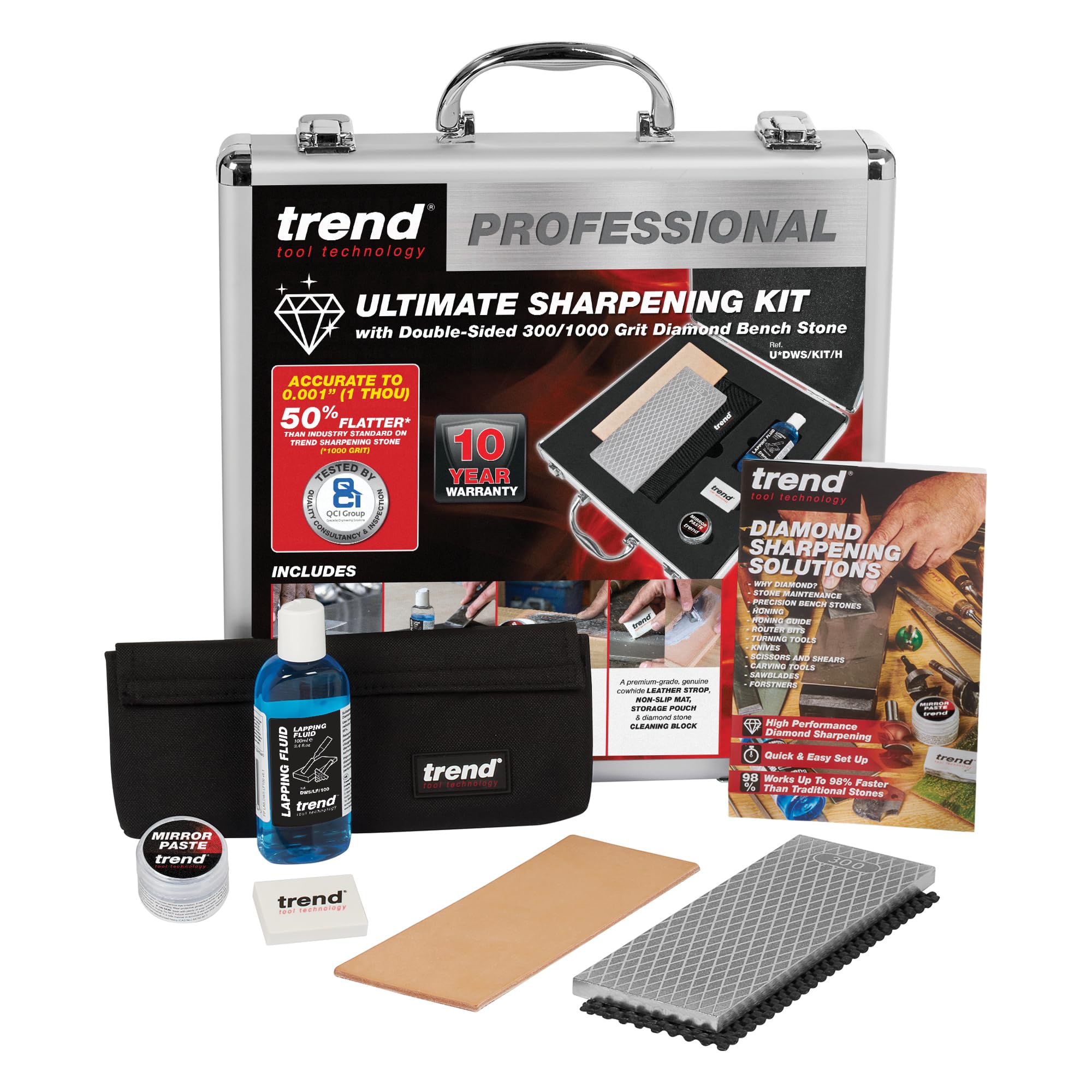 Essential Diamond Sharpening Kit with 300/1000 Grit Bench Stone, Lapping Fluid, Leather Strop, Honing Paste, Cleaning Block & Sharpening Solutions Guide, DWS/KIT/H