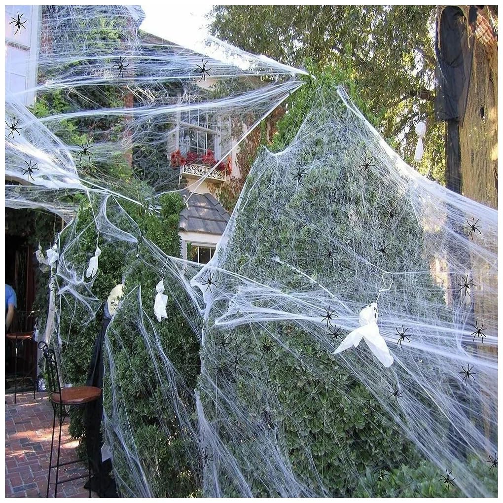 Kit Décoration Halloween : 300g Toile D'Araignée Extensible + 50 Araignées Factices - Pour Intérieur/Extérieur, Maison Hantée
