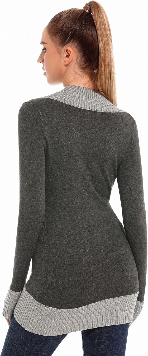 AmélieBoutik Women V Neck Faux Wrap Color Trim Sweater Tunic Top - Image 4