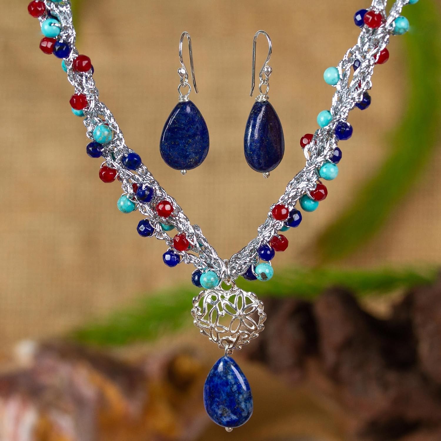NOVICA Artisan Handmade Multigem Jewelry Set Beaded Necklace Earring from Mexico Sterling Silver Lapis Lazuli Agate Reconstituted Turquoise Multicolor Blue Birthstone [necklace 17.25 in Inner Circ. X]