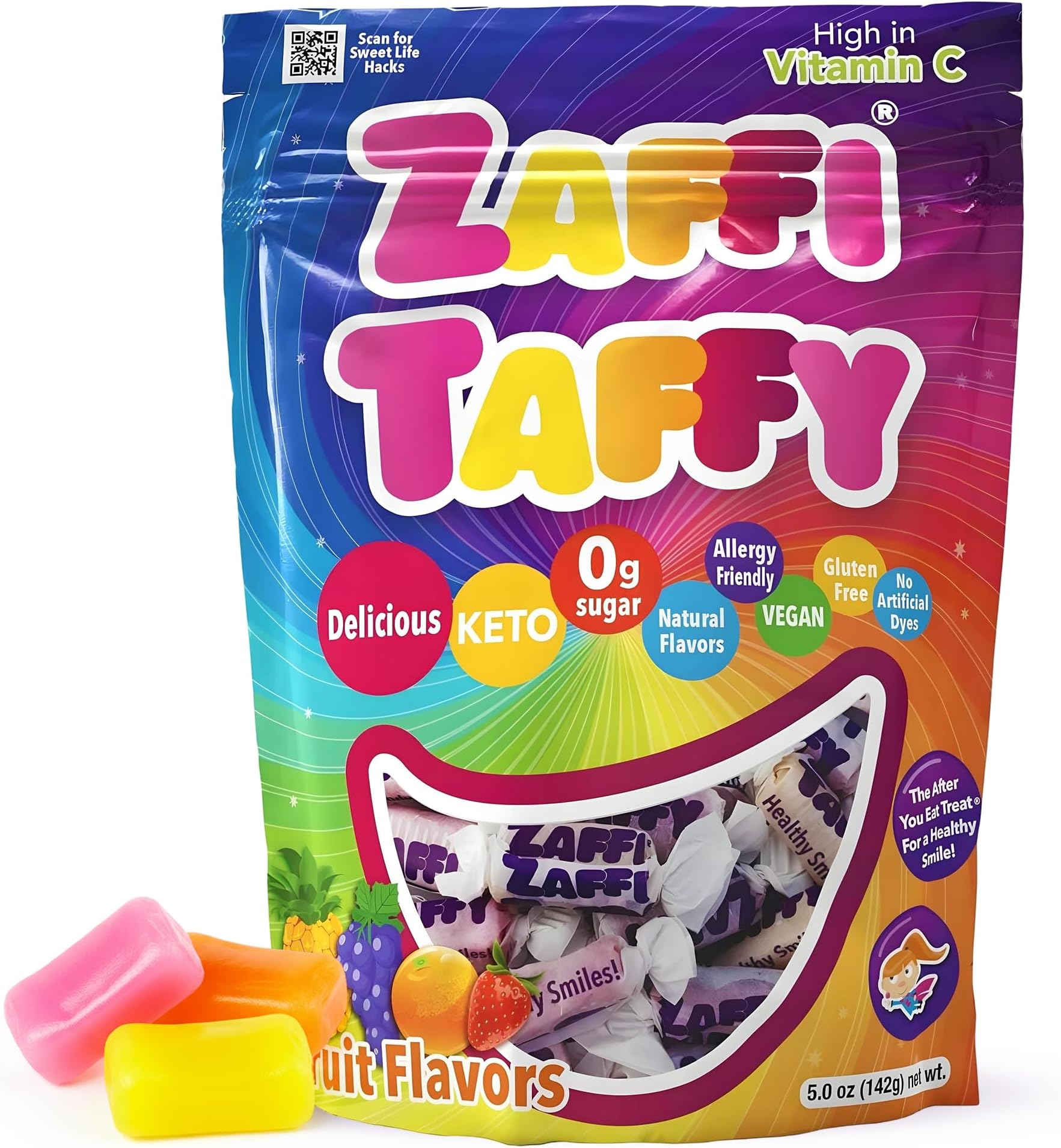 Zaffi Taffy Sugar Free Candy - Dye Free, Keto & Diabetic-Friendly, Dentist-Approved Treats for Kids (Natural Fruit Flavor, 5 oz)
