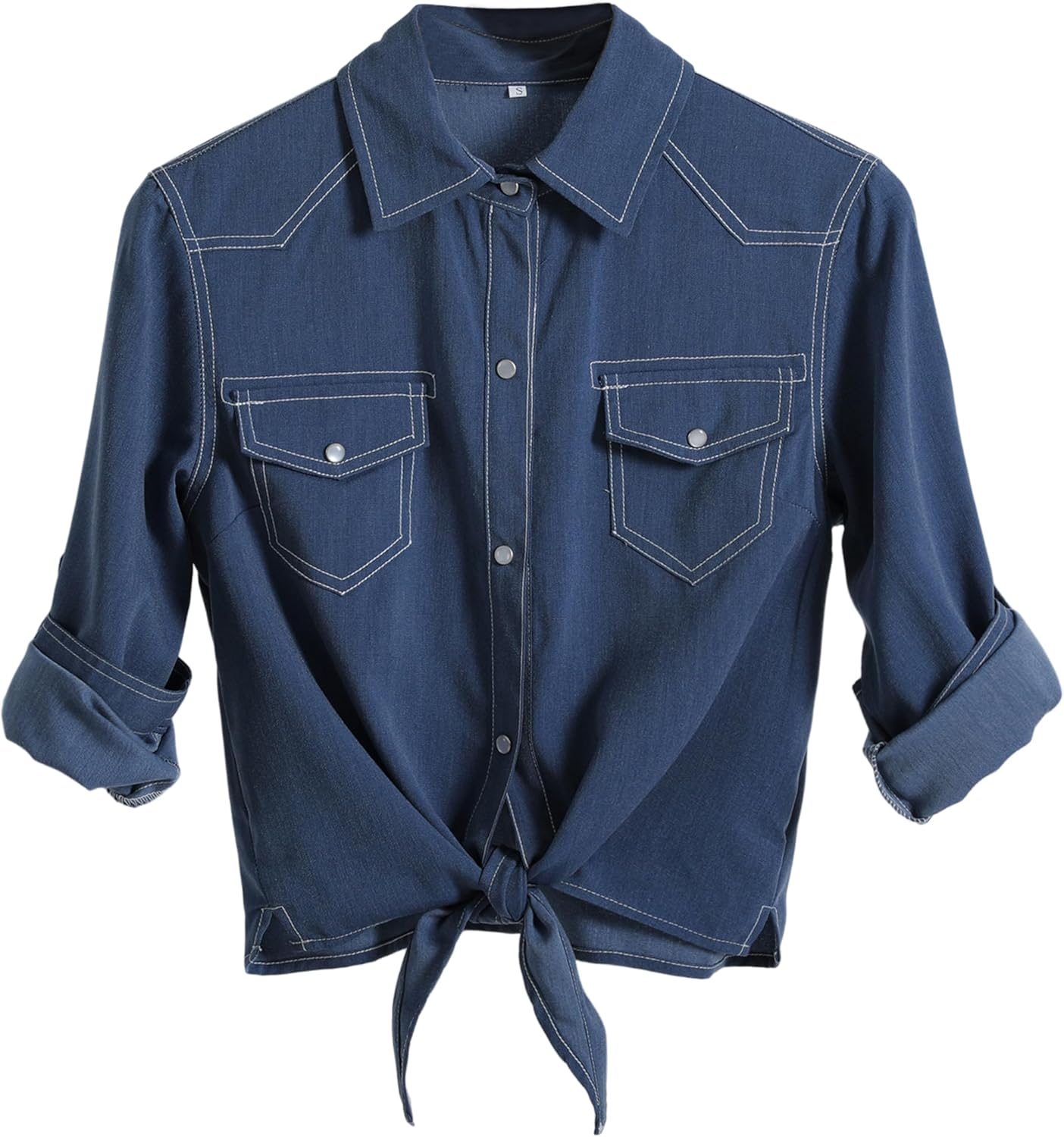 AMEBELLE Women's Roll Up 3/4 Sleeve Tie Front Knot Shirt Chambray Denim Crop Top