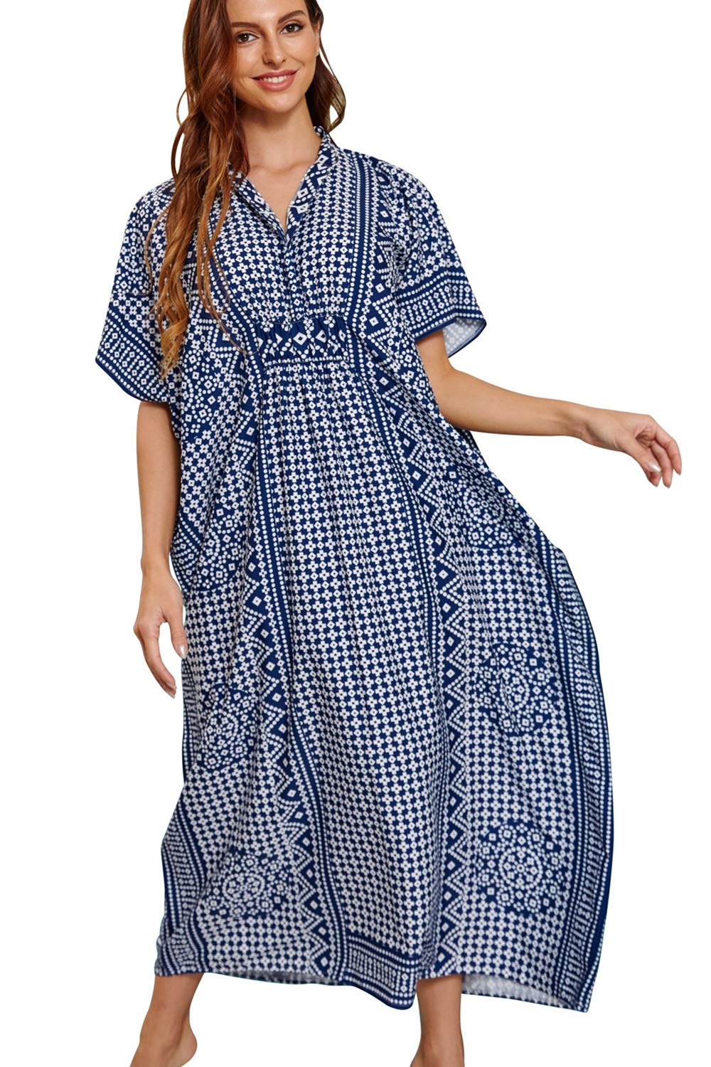 YouKD Women's Summer Long Kaftan Maxi Bohemian Dress Beach Coverups Bikini Robe Loungewear One Size A Blue