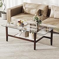 Tangkula 42" 2-Tier Glass Coffee Table with Storage Shelf, Tempered Glass Top & Sturdy Rubber Wood Legs - Modern Living Room Center Table (Brown)