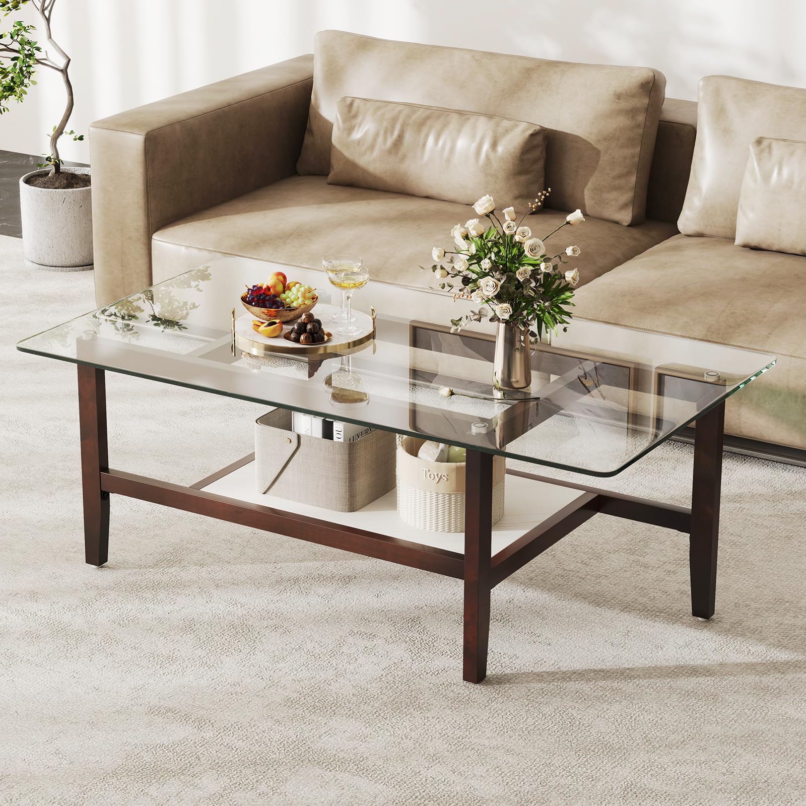 Amazon.com: Tangkula Glass Coffee Table, 42” 2-Tier Rectangular