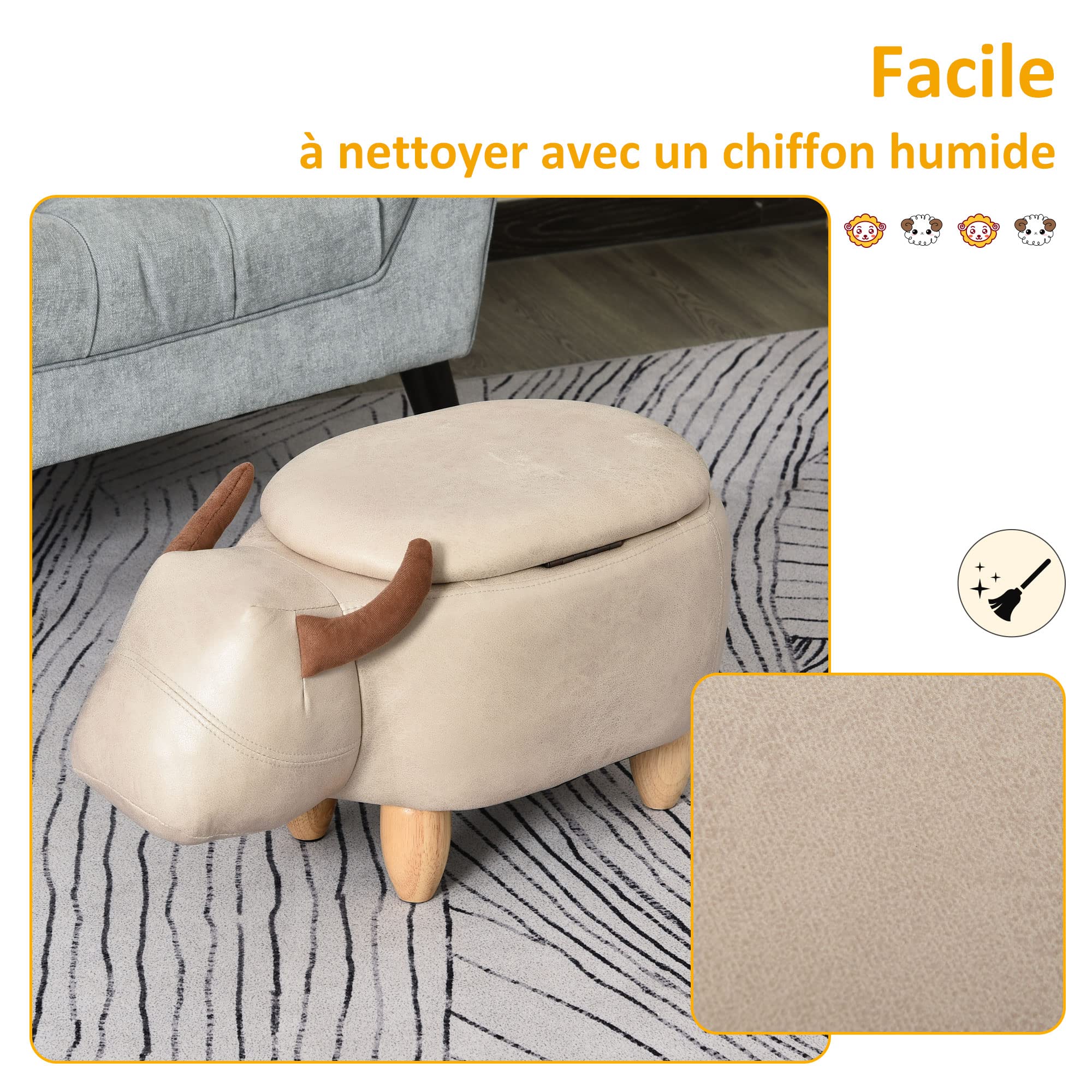 HOMCOM - Taburete de vaca - Puf Vachette - Puf Tauro Baúl de almacenamiento 2 en 1 - Patas de madera de caucho, revestimiento sintético, aspecto crema