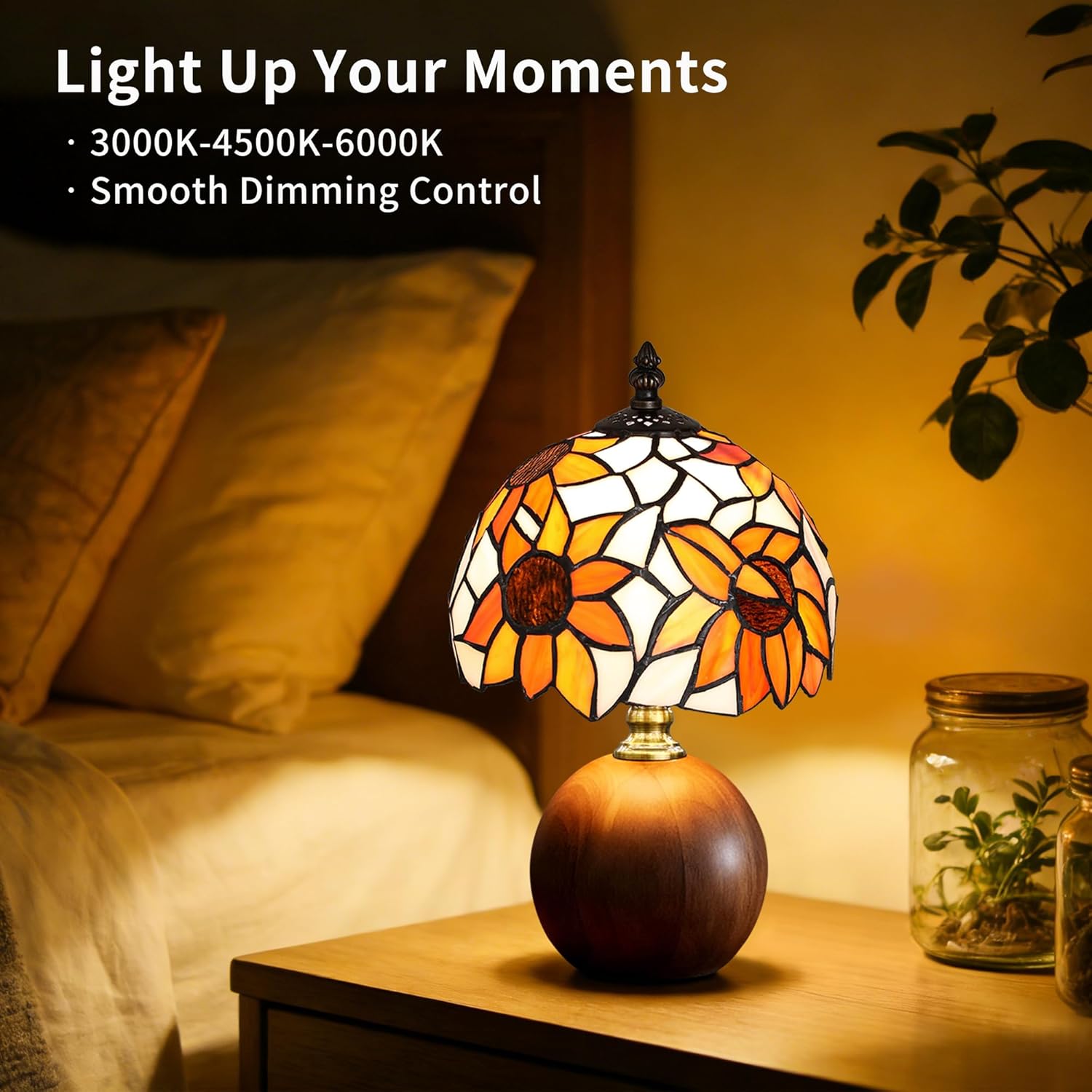 12.2" Tiffany Style Lamp, Handcrafted Stained Glass Sunflower Table Lamp with Spherical Solid Wood Base, 3-Color Dimmable Bedside Lamp for Nightstand & Bedroom, Vintage Aesthetic Accent Light