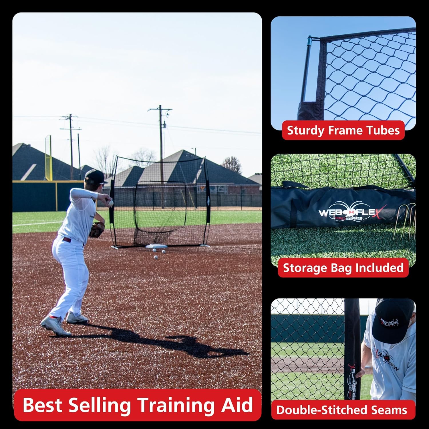 Web Flex® Spider Series 7x7 Sock Net & Adjustable Batting Tee Bundle, Portable Baseball Softball Training Set for All Ages, Durable Practice Net + Height-Adjustable Tee with Carry Bag