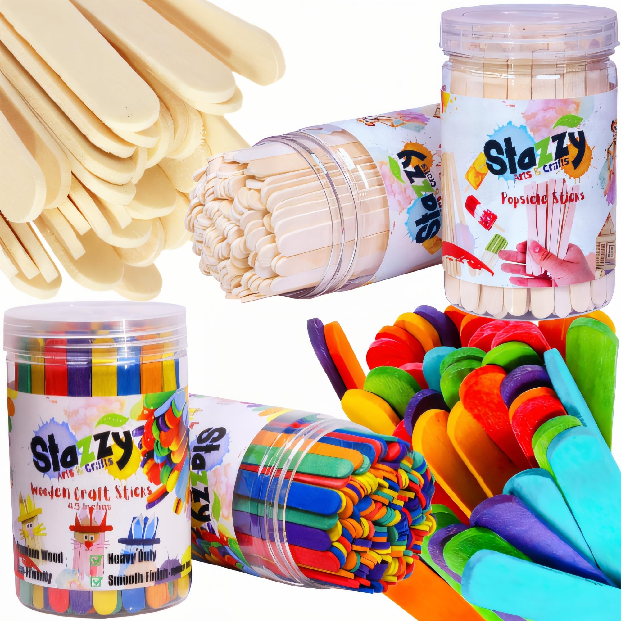 Stazzy 200 Count [100 Color 100 Plain] 4.5 Inch Wooden Craft Sticks with Jar | Wooden Ice Cream Sticks for School Projects | Multi-Purpose Sticks-image-5