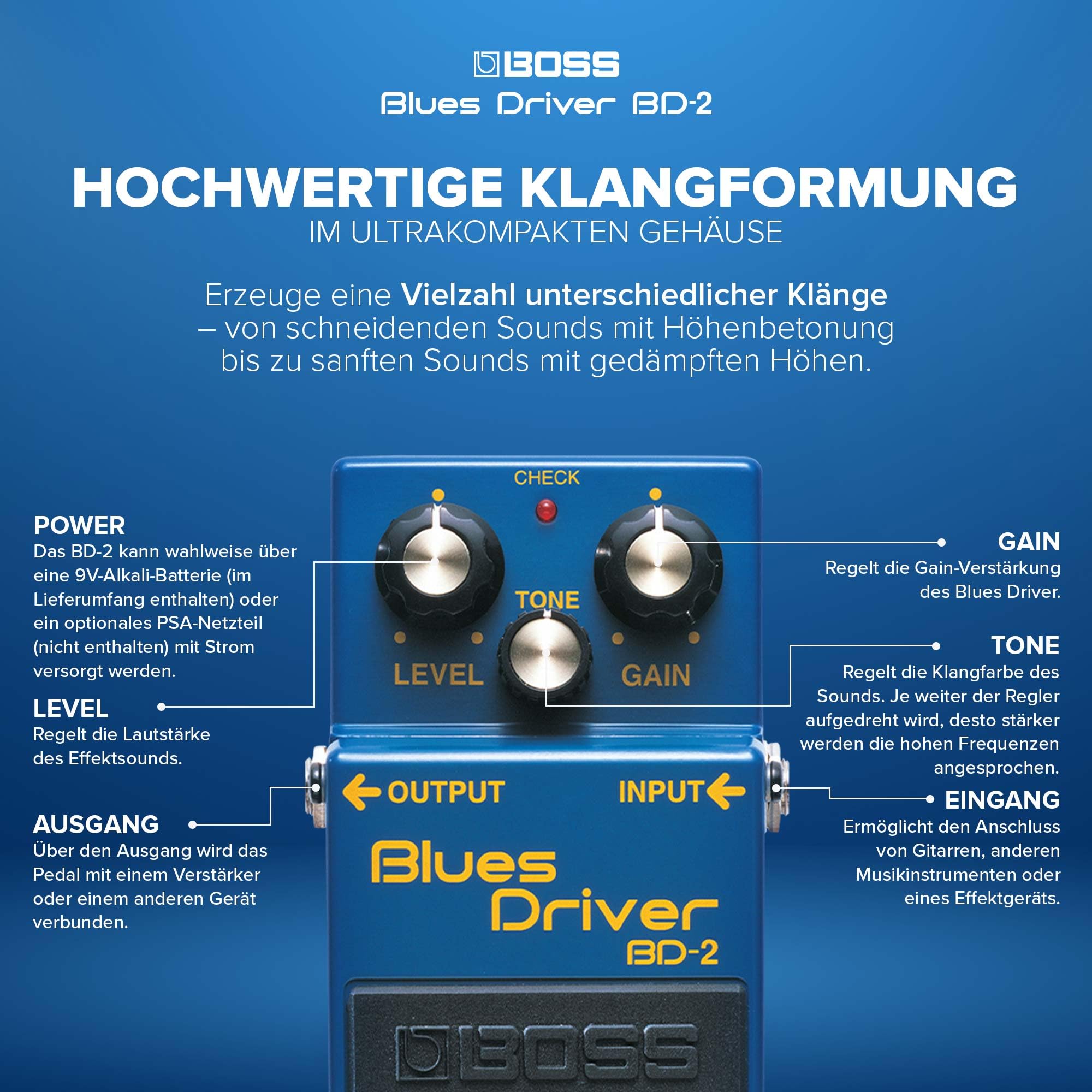 BOSS BD-2 Classic Blues Driver Pedal | Warme, erdige Gitarrensounds mit Tube-Amp-Simulation | Von Crunch bis Zerrung | Warmer Overdrive | Reagiert auf spielerische Nuancen und Lautstärkeänderungen