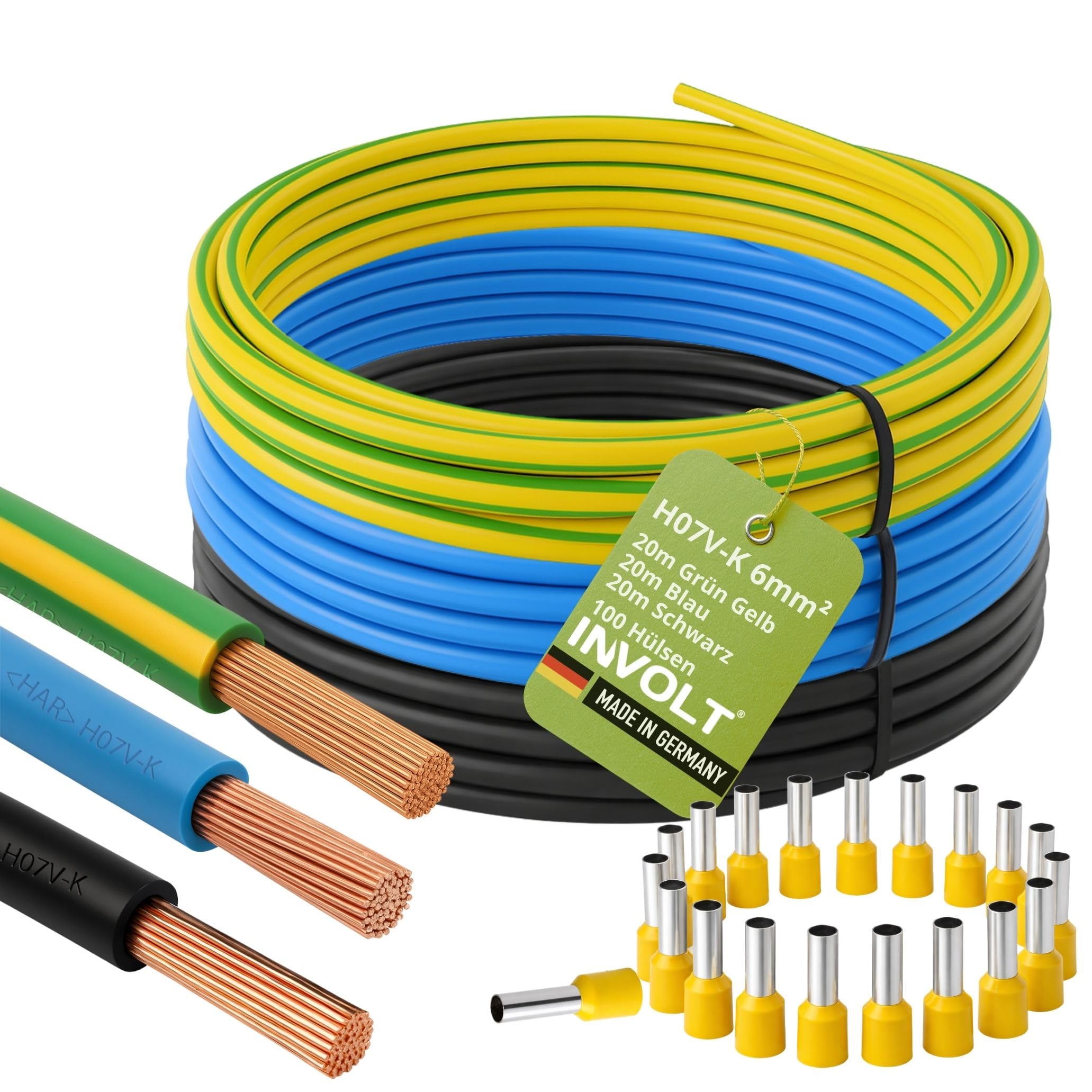 INVOLT H07V-K Verdrahtungsleitung Set, 6 mm² - 3x 20m Einzeldrähte in Schwarz, Blau, Grün-Gelb VDE-zertifiziert, 100 Aderendhülsen, Made in Germany
