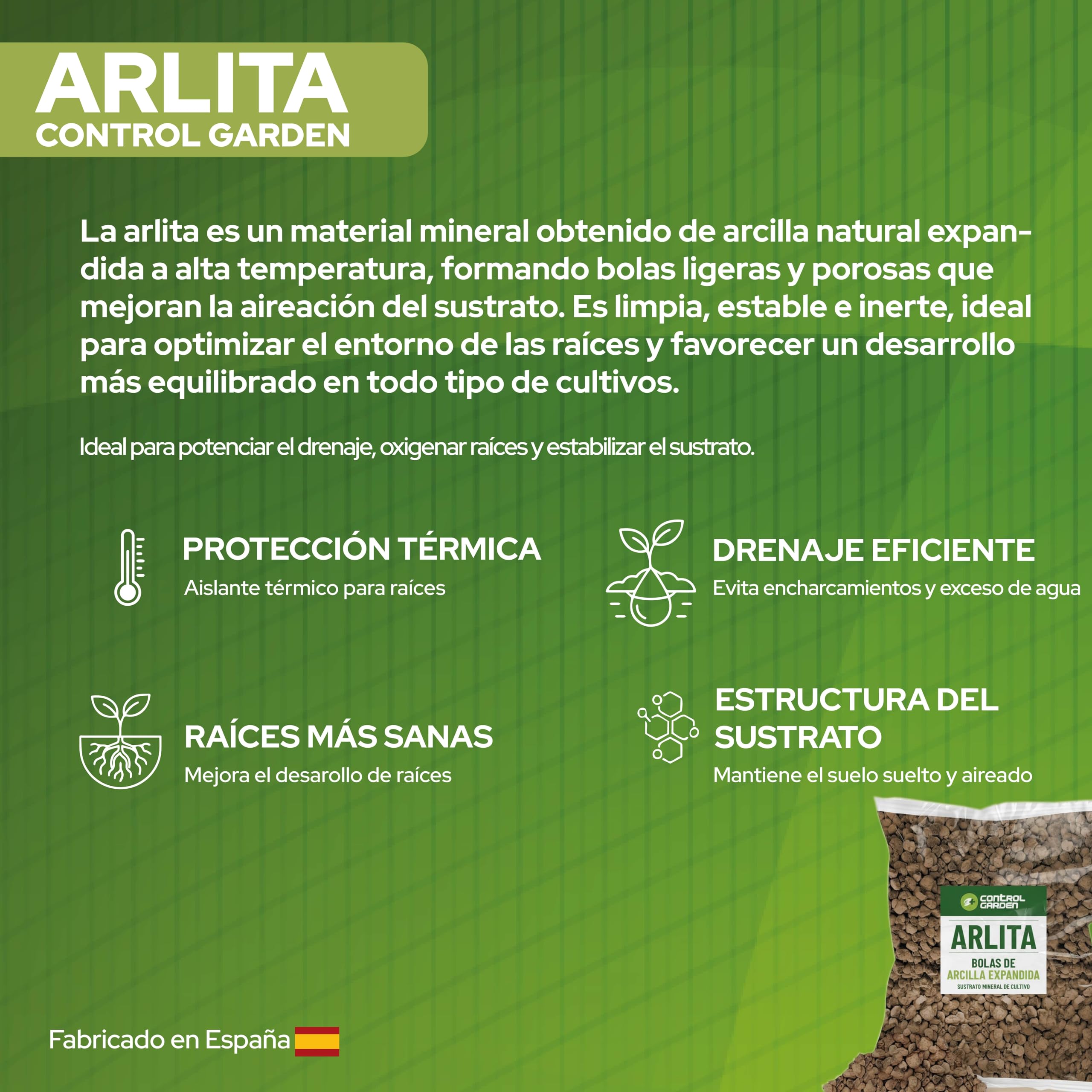 CONTROL GARDEN Arlita 20L | Bolas de Arcilla Expandida | Drenaje para Macetas, Cultivos y Plantas | Fabricado en España