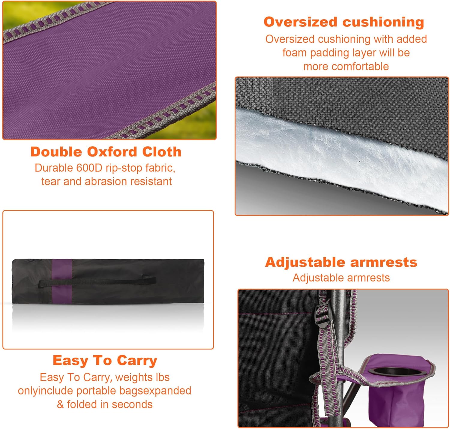 2 Pack Padded Oversized Camping Chairs for Adults,Heavy Duty Support 400 Lbs,Folding Portable Lawn Chair w/Cup Holder,Cooler Bag,Side Pocket,Perfect for Outdoor Picnic,Hiking(Purple&Black) - Image 4