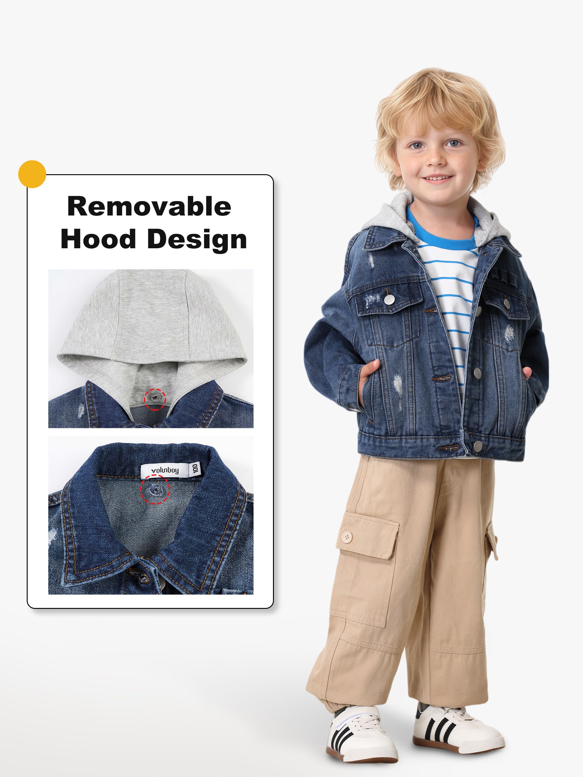 Volunboy Chaqueta Vaquera Niños Desmontable Capucha, Azul Mezclilla Jacket Abrigo 2-8 Años
