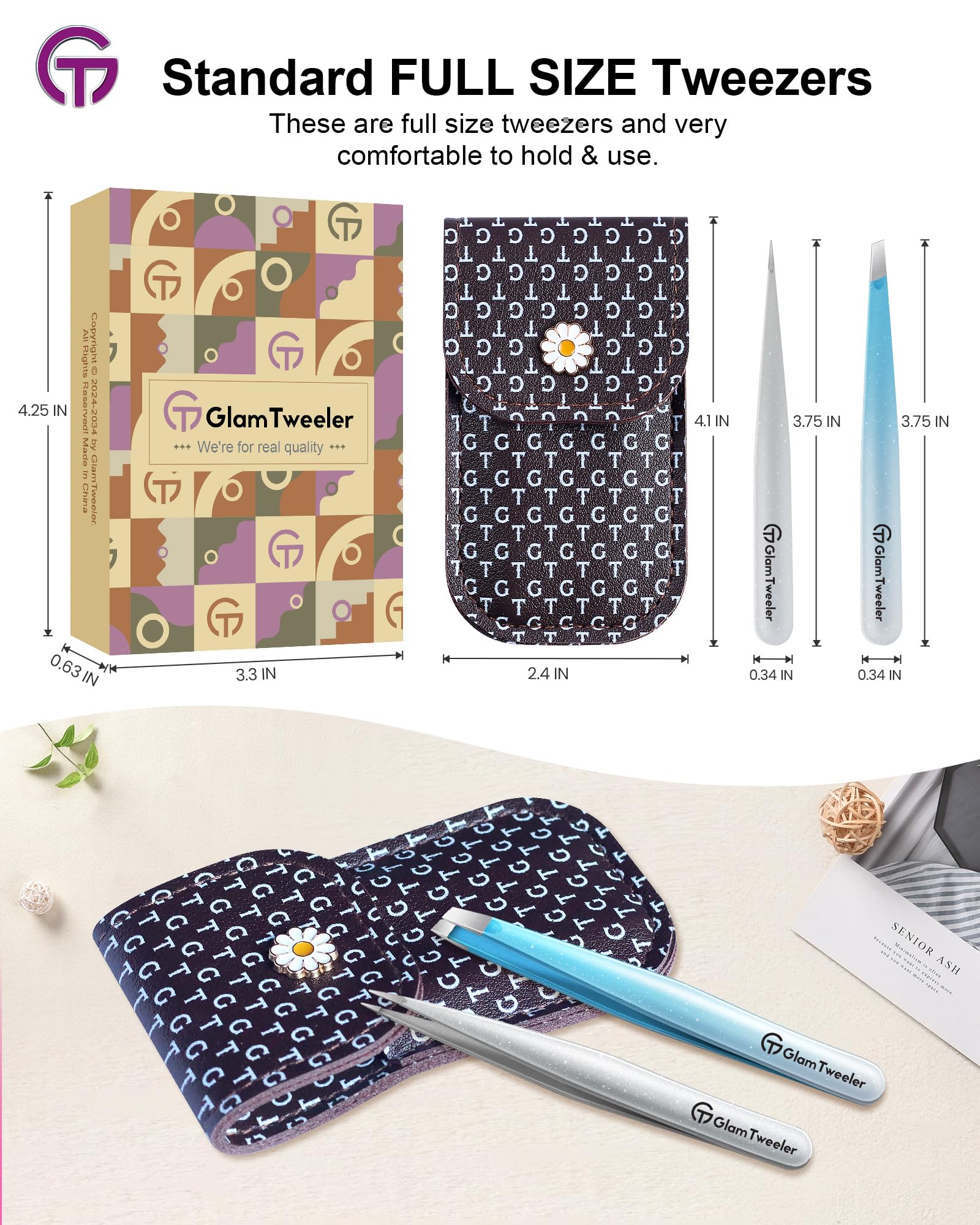GlamTweeler - Juego de pinzas de punta inclinada y puntiaguda con exclusiva funda de cuero, juego de pinzas afiladas y de precisión para cejas, vello facial y eliminación de vello fino (azul brillante