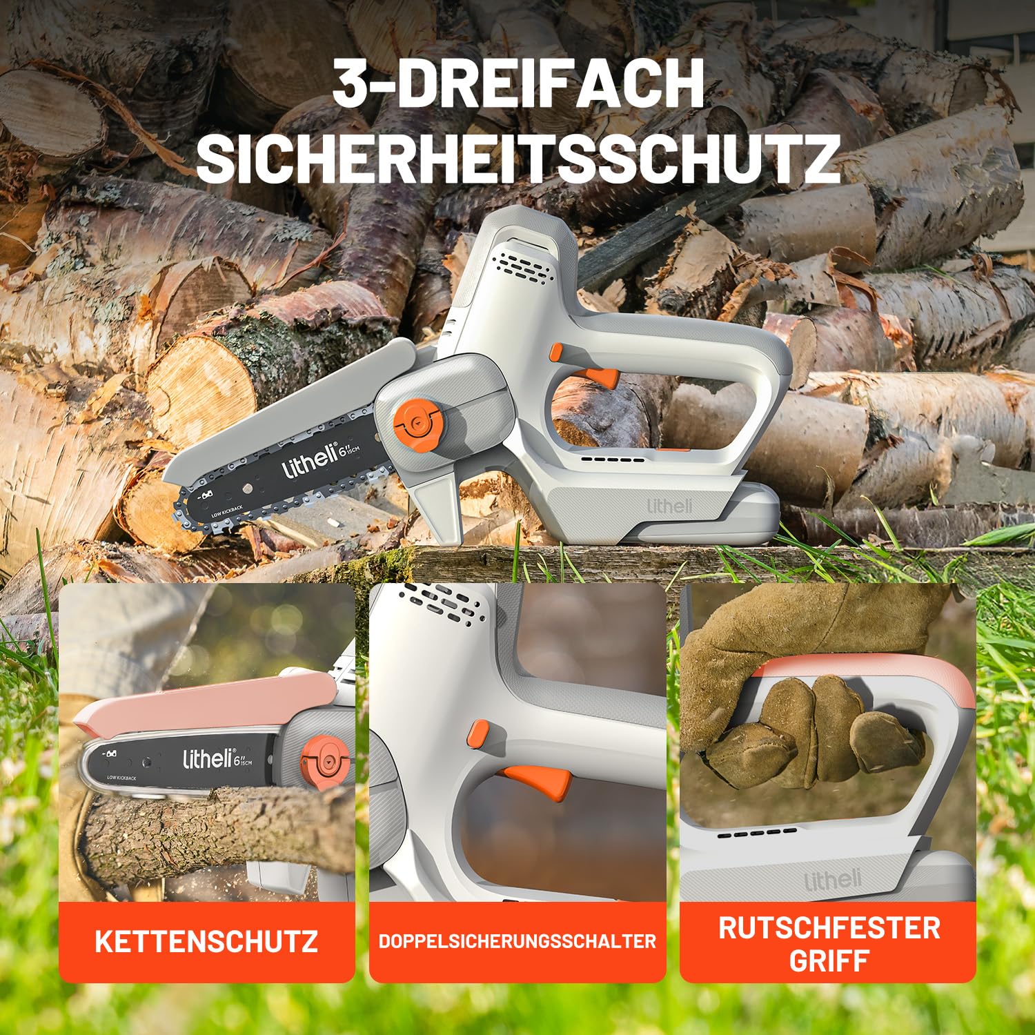 Litheli Mini Kettensäge mit Akku 20V, 6 Zoll Akku Handkettensäge mit 10.000 mAh Akku, Einstellbare Kettenspannung, Sicherheitsverriegelung, Kleine Akku Kettensäge für Gartenscheren Holzschneidenz