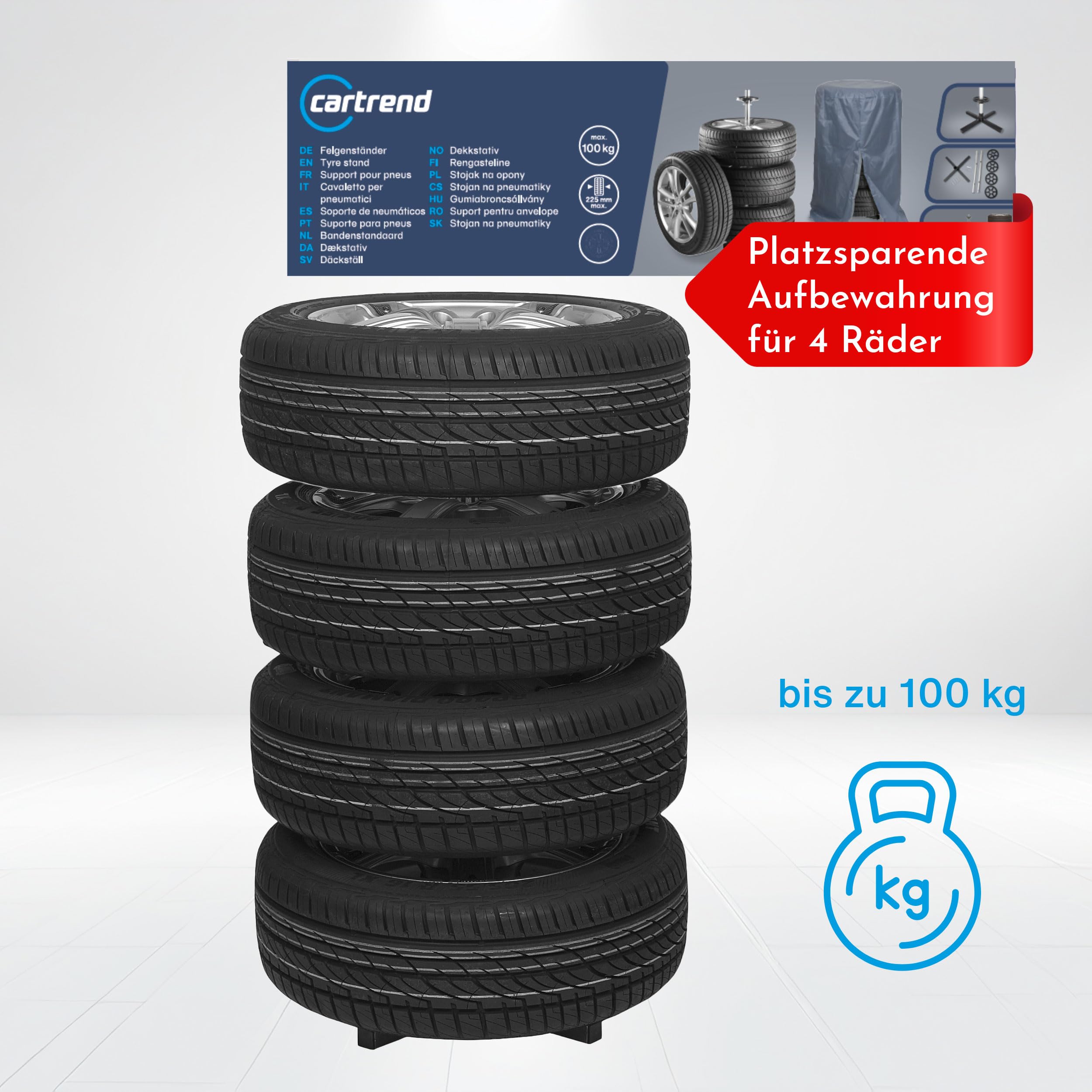 Cartrend 7730056 Support de jantes avec housse protectrice pour pneu, pour une largeur de pneu jusqu'à 225 mm