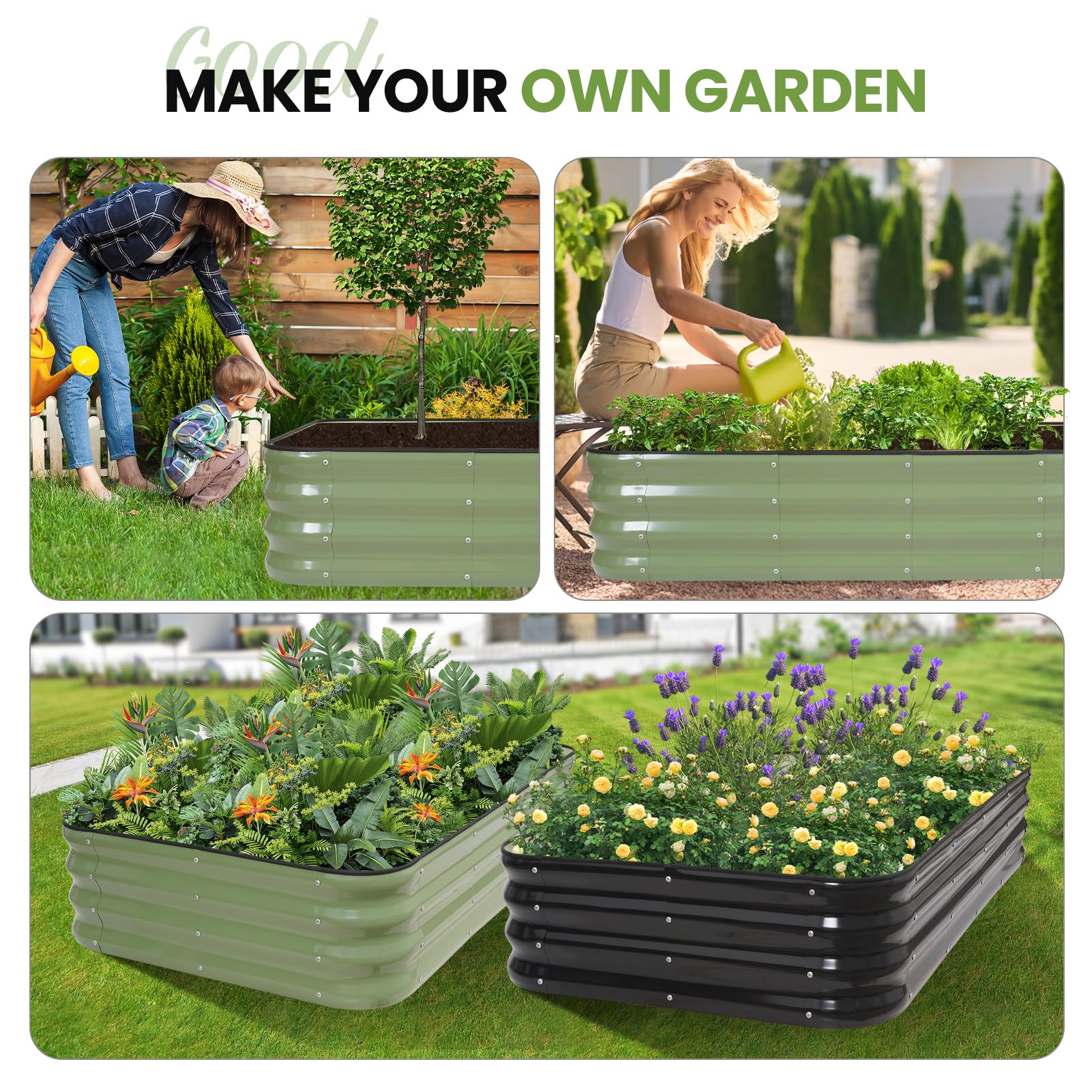 Jardinière surélevée réglable 4 en 1, vert | Jardinière surélevée en métal avec bordure de sécurité et gants pour légumes, fruits, fleurs.