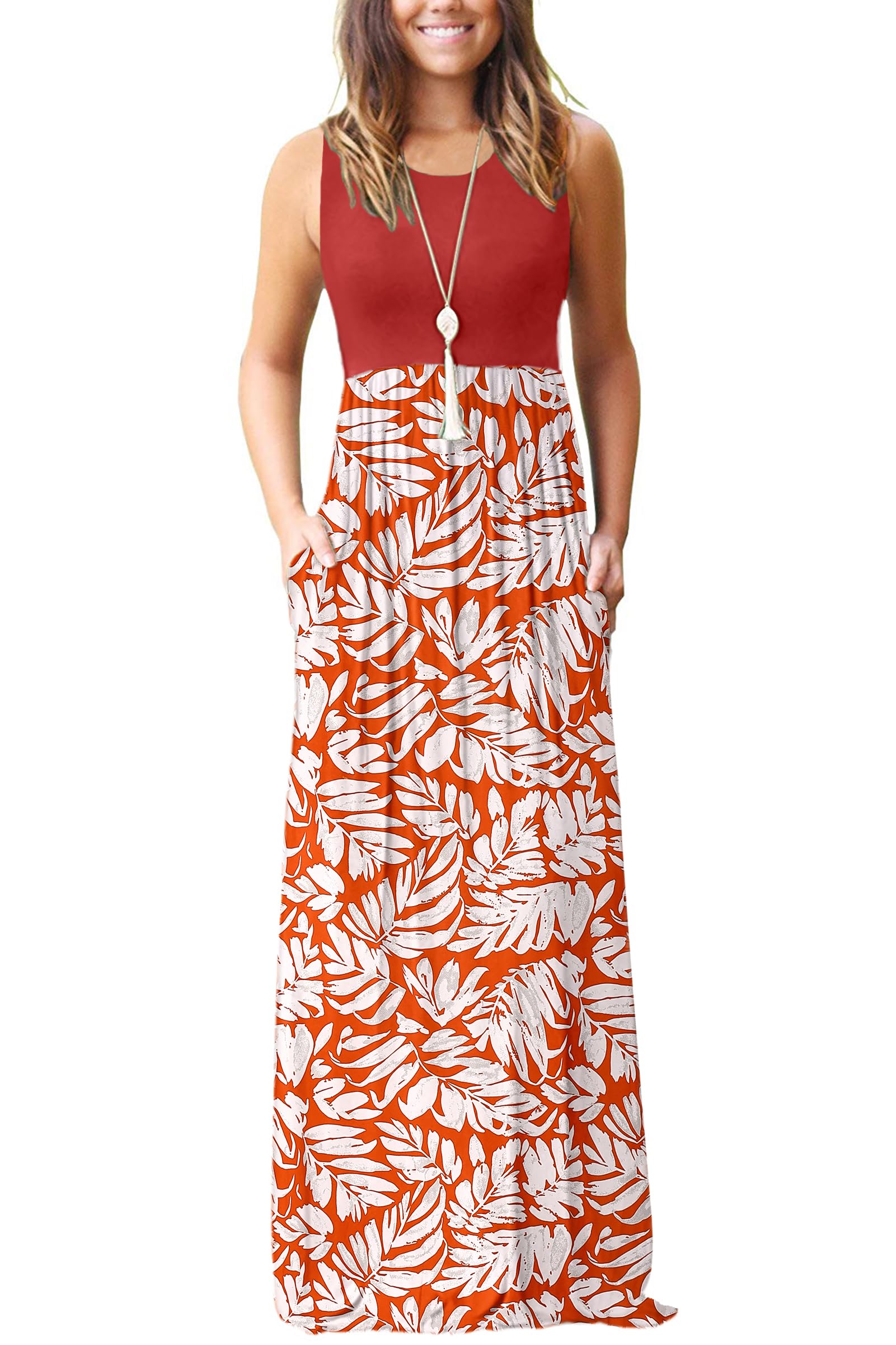 AUSELILY Women's Summer Sleeveless Loose Plain Casual Long Maxi Dresses | Year Round wear solid floral print, Casual daily wear, Empire waist, Floor length, Side pockets New