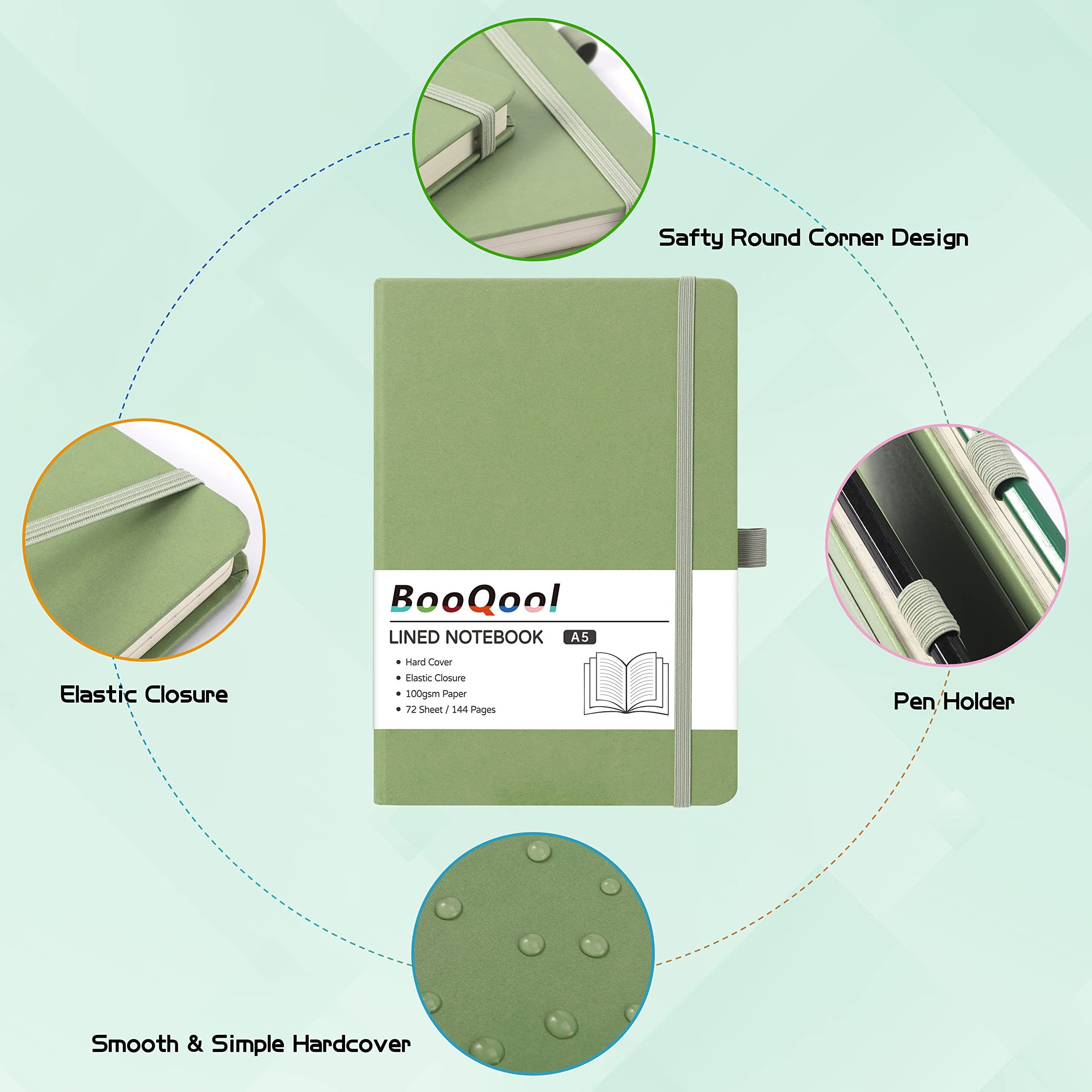A5 Notebook - Notebook A5 with Premium Paper, Faux Leather Notebook, 5.7" X 8.4", Hardcover, 144 Pages - Rey Bean Green - Image 3