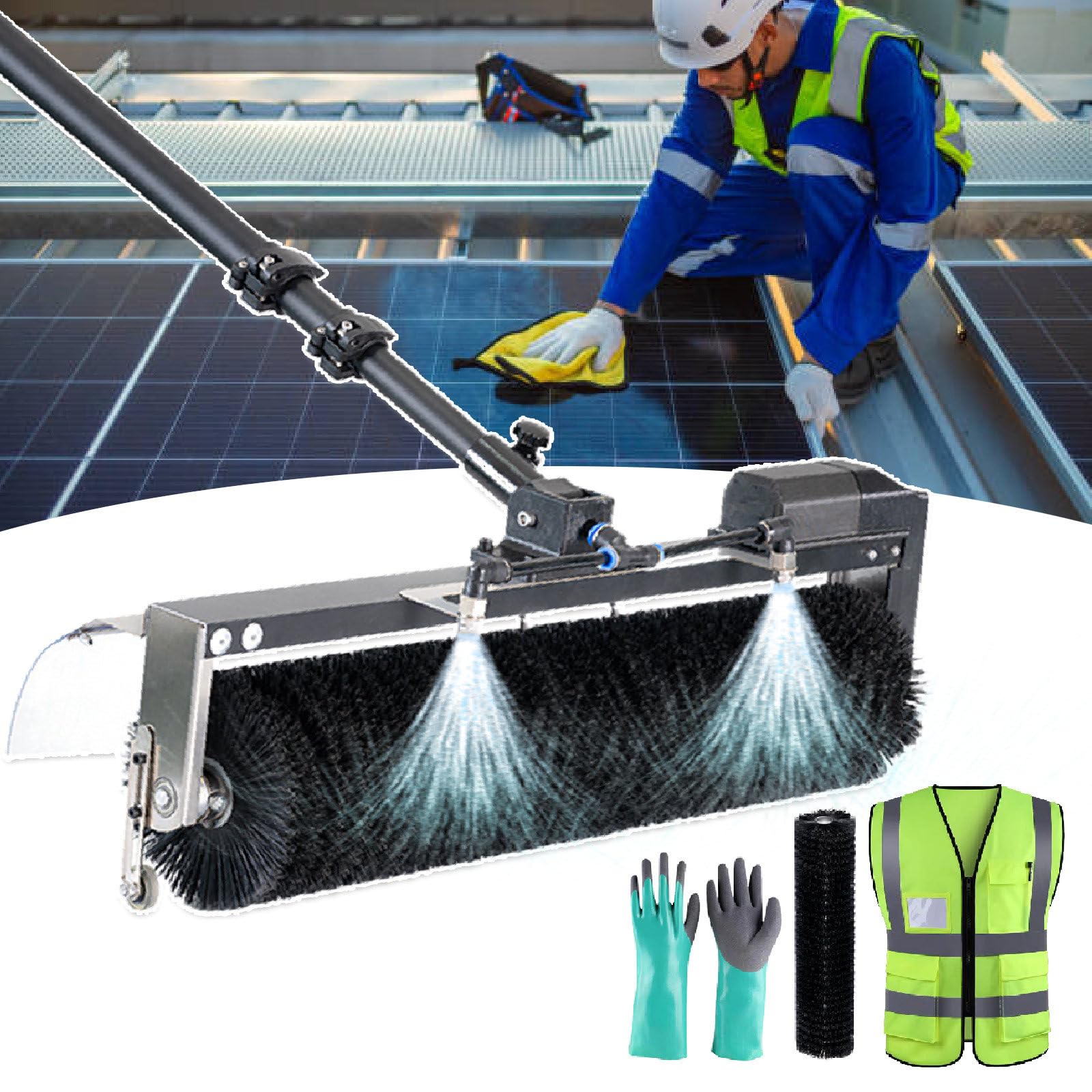 Brosse rotative panneaux solaires avec perche télescopique à alimentation eau continue