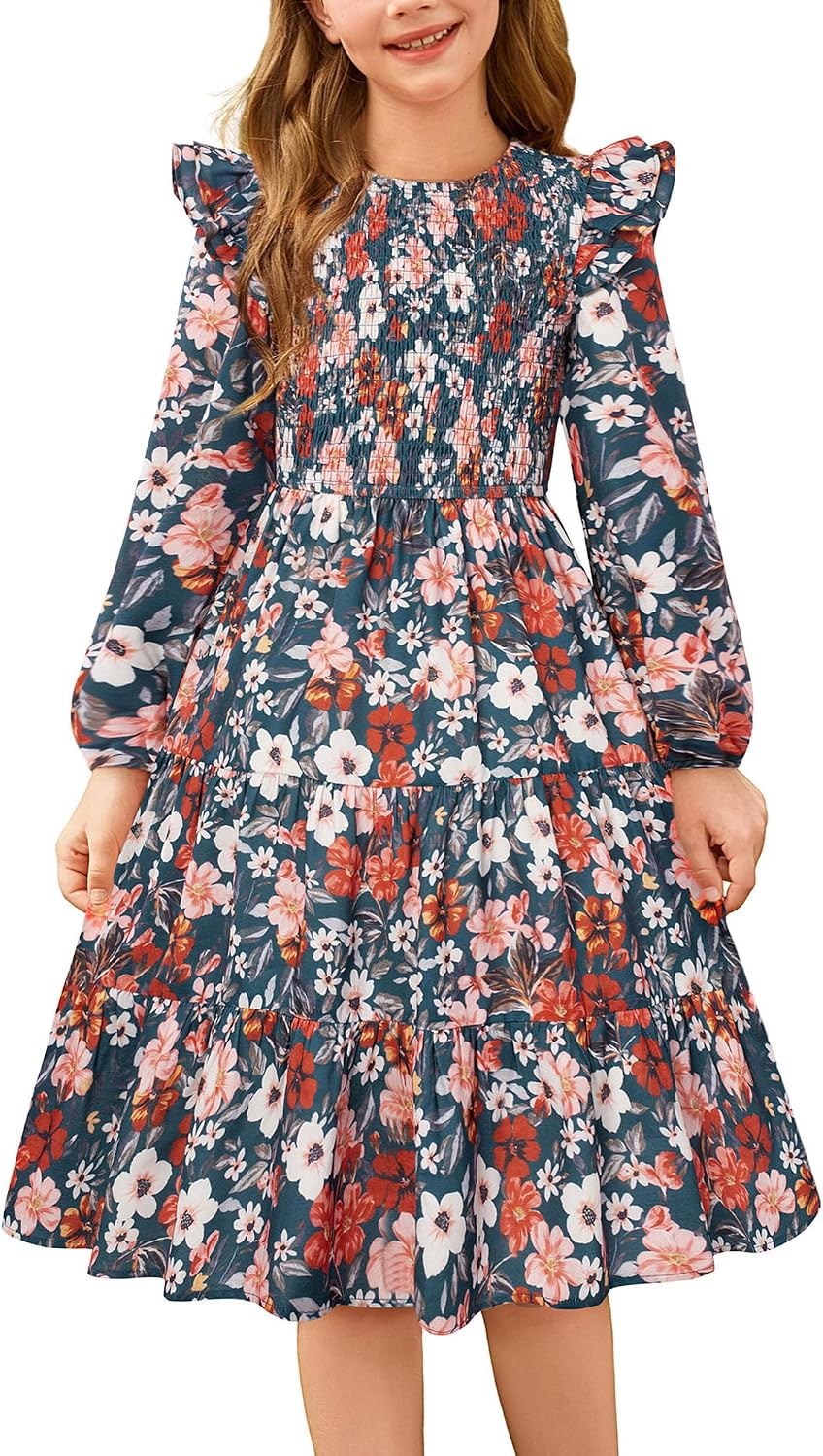 GRACE KARIN Girls Long Sleeve Fall Floral Dress Ruffle Round Neck Smocked Layered Hem