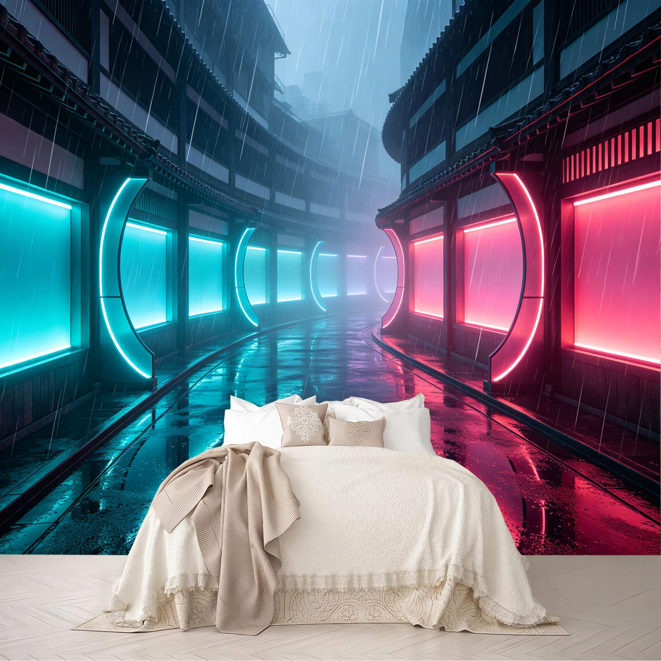 Dskjoviality Ab260706056 Custom Size Wall Mural Neon Rainy Town Curved Light Night Reflection Wallpaper Removable Self Adhesive Peel And Stick Wallpaper For Bedroom Living Room