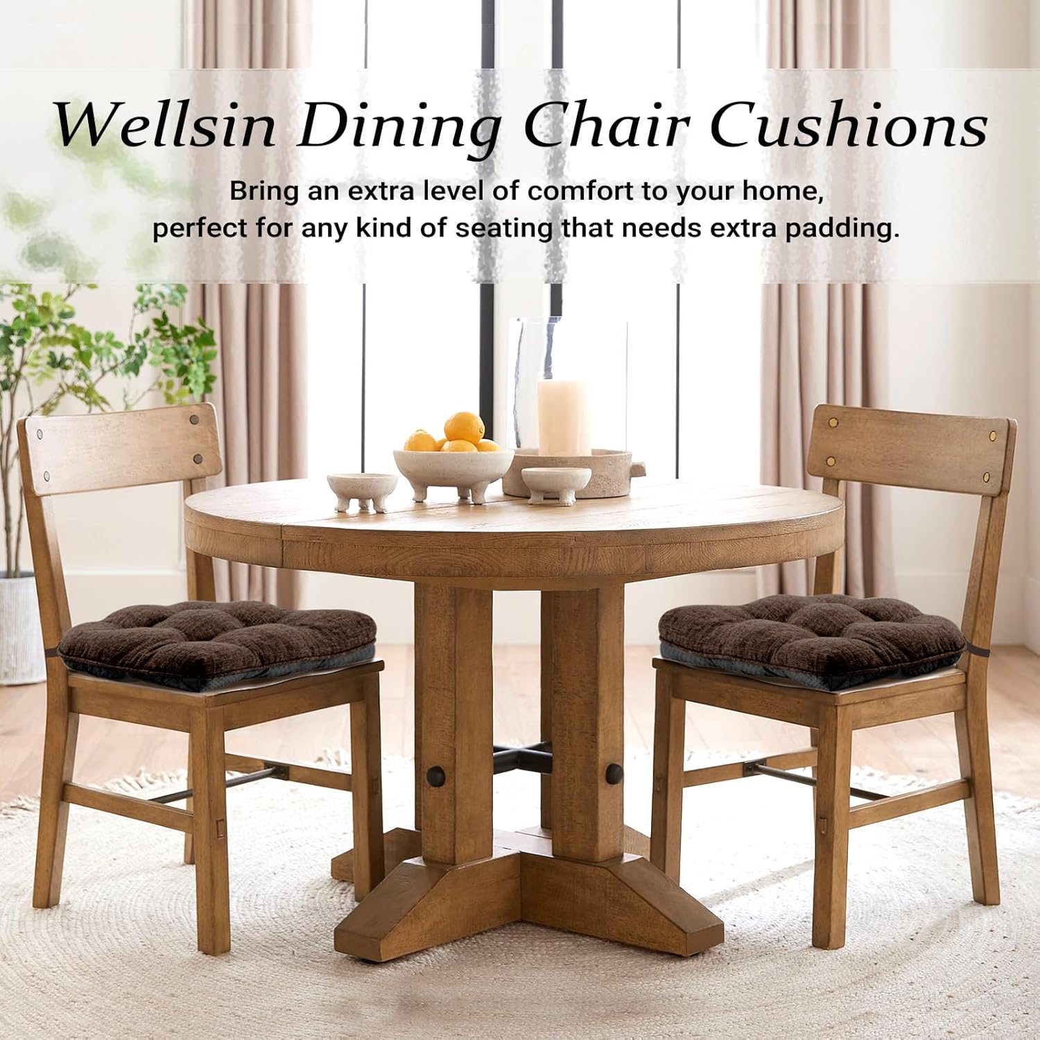 Wellsin Chair Cushions for Dining Chairs, Non-Slip Kitchen Chair Pads with Ties, Tufted Shredded Foam Kitchen Chair Cushions Set of 2, 15.5" X 15.5", Brown