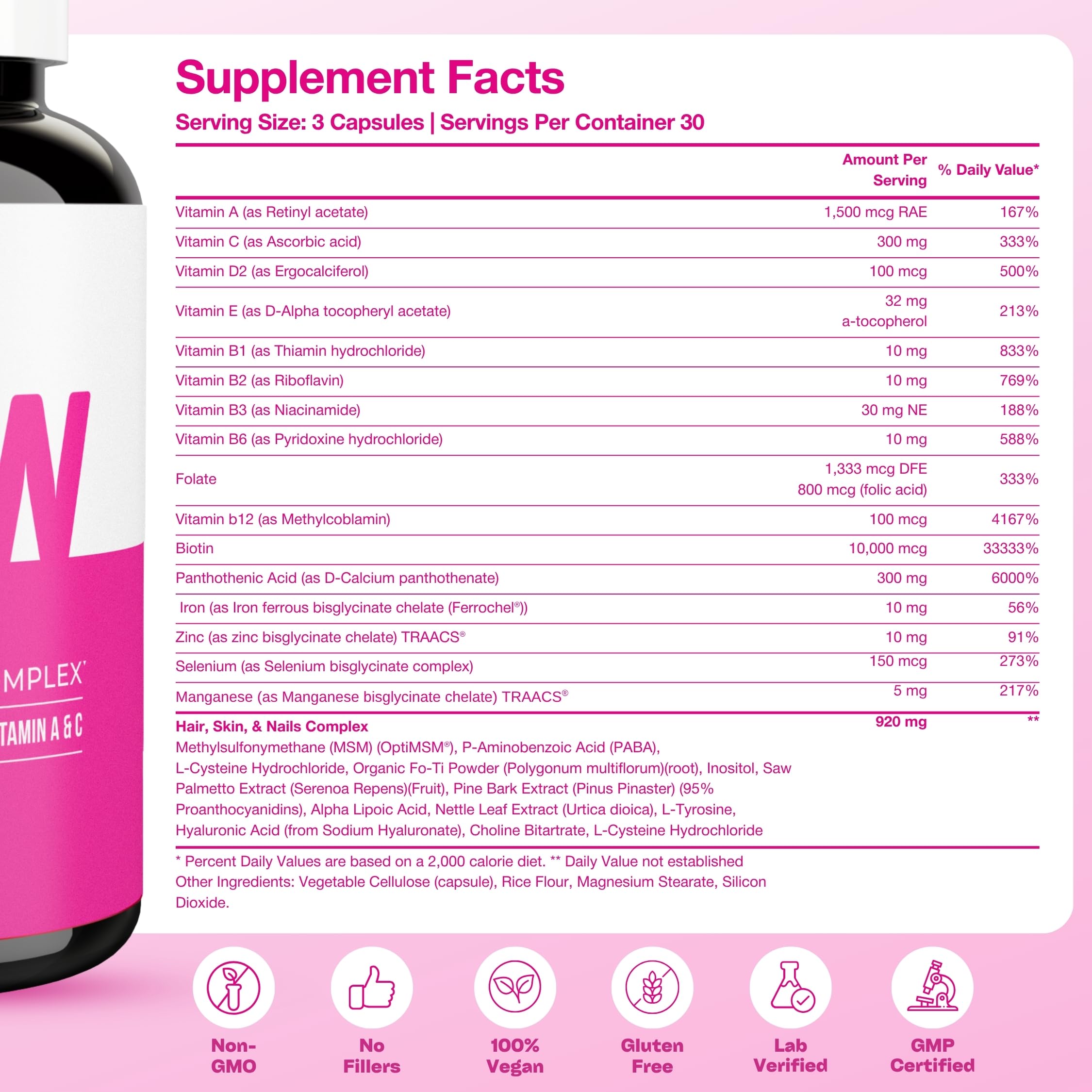 GOBIOTIX Hair, Skin & Nails Vitamins for Women — 10,000mcg Biotin, Hyaluronic Acid & MSM — 28 Vitamins with Folate & Iron — Supports Hair & Nail Growth — 90 Capsules — Amazon image 6