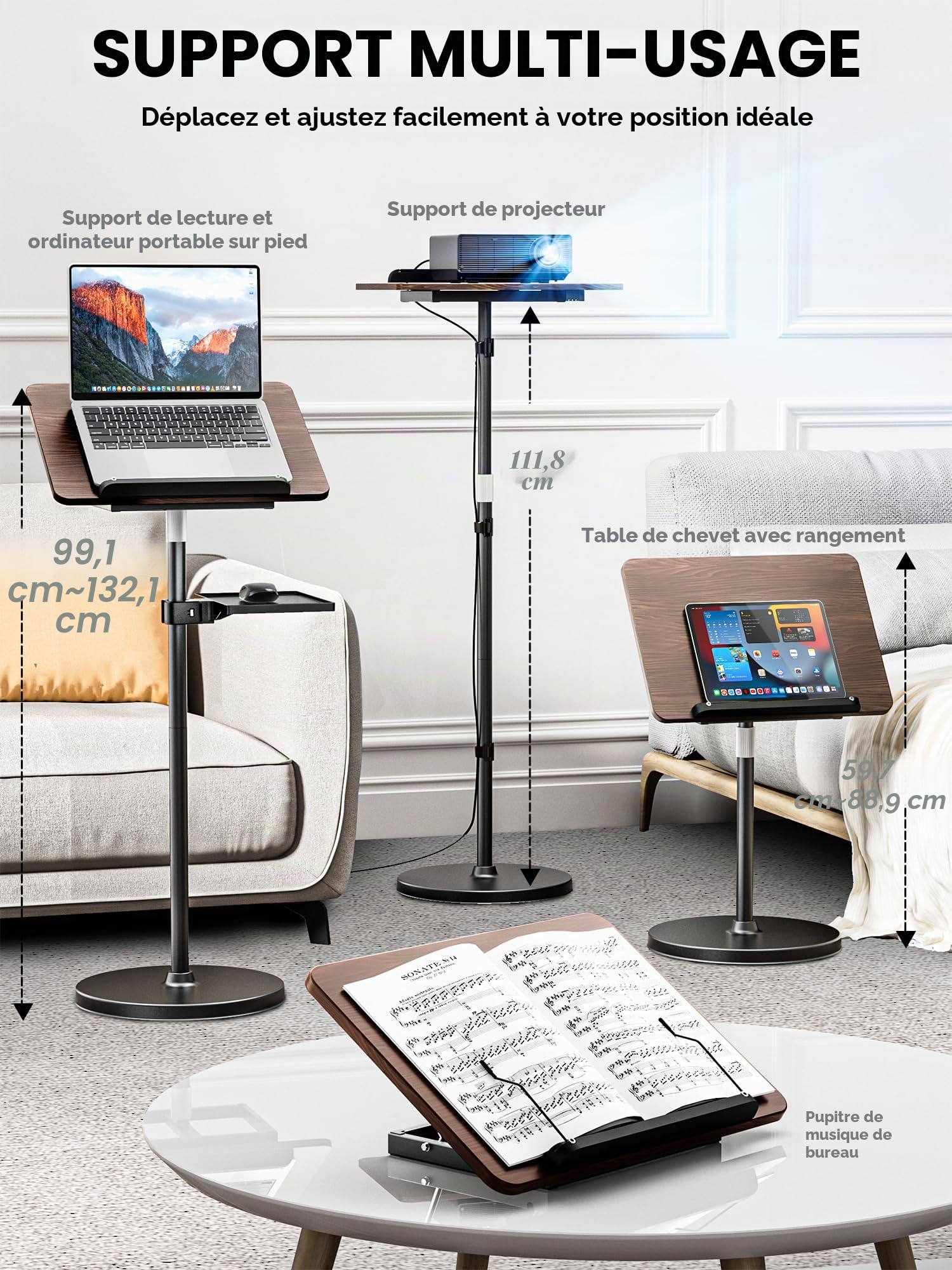 [2-in-1 amovible] Bureau debout pour Ordinateur Portable, Multifonctionnel Standing Desk Table pour Pupitre musique, Support de livre, Support videoprojecteur, Hauteur Réglable 60-130cm - Noir