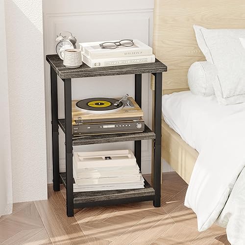 Miniatura 5 de Fixwal Mesa auxiliar pequeña de 3 niveles, mesa de noche para sala de estar, dormitorio, oficina, gris y negro