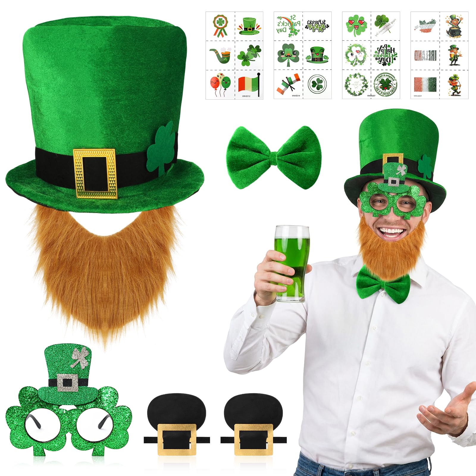 Beipegin 6 Pieces Leprechaun Costume Green Top Hat Ginger Beard Beard Shoe Buckles Shamrock Glasses Bowtie St. Patrick’s Day Costume Accessories for Irish Day Party