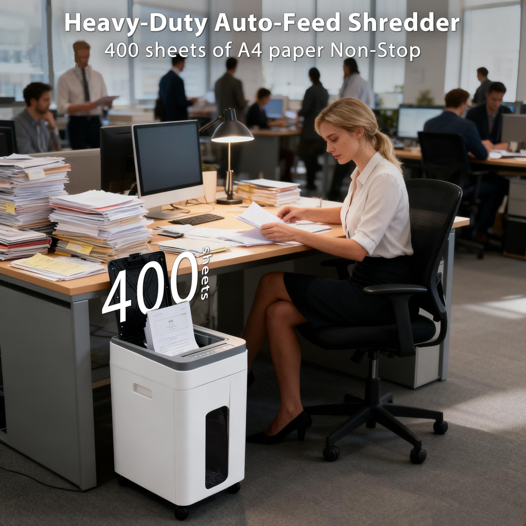 Distruggi Documenti Alta Capacità: 400 Fogli Alimentazione Automatica P5 Microtaglio Sicurezza Elevata con Design Anti-Inceppamento per Ufficio Casa Business Scuola