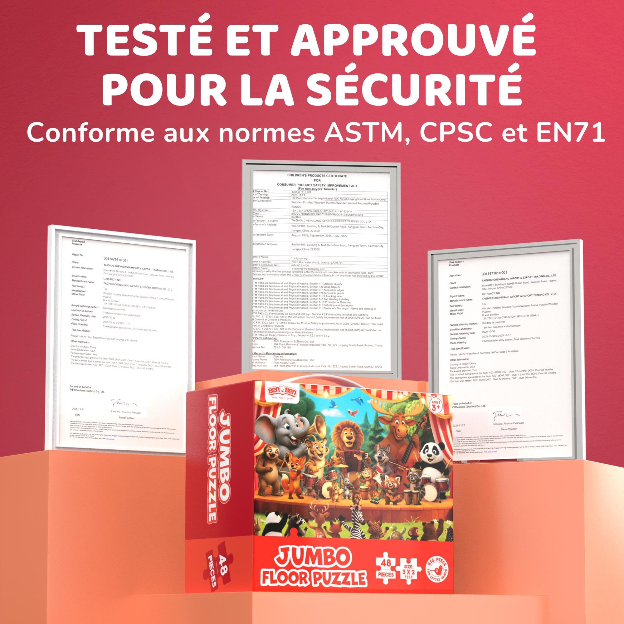 BenBen Grand puzzle de sol à partir de 3 4 ans, puzzle XXL pour enfants de 48 pièces, 90 x 60 cm, cadeau pour garçons et filles, concerts d'animaux