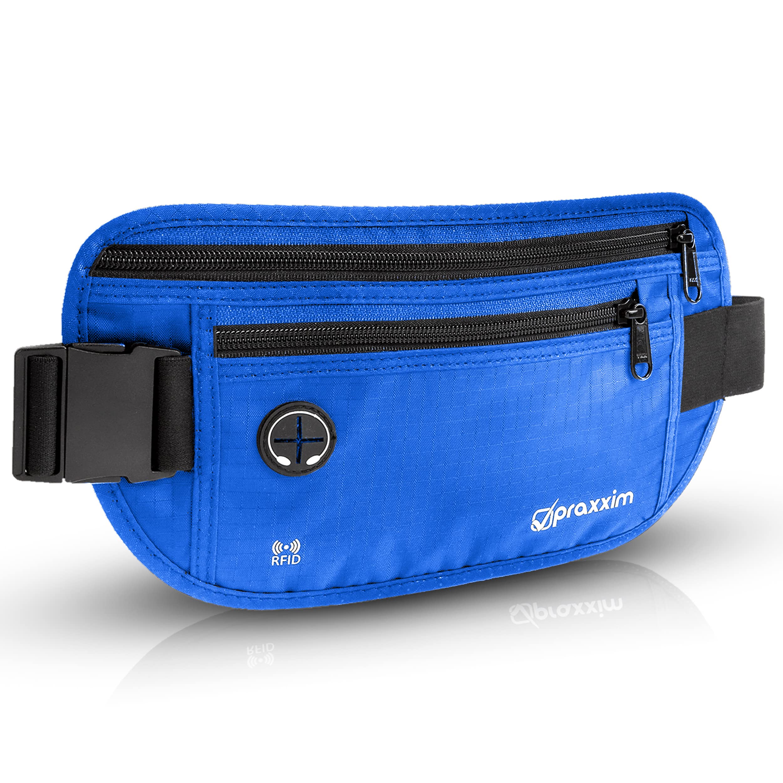 praxxim Bauchtasche für Damen und Herren - EXTRA FLACH - Hüfttasche für Handys bis 7 Zoll - Gürteltasche ideal zum Sport, Reisen und als Lauftasche für Jogging - Bauchtasche blau, stylisch