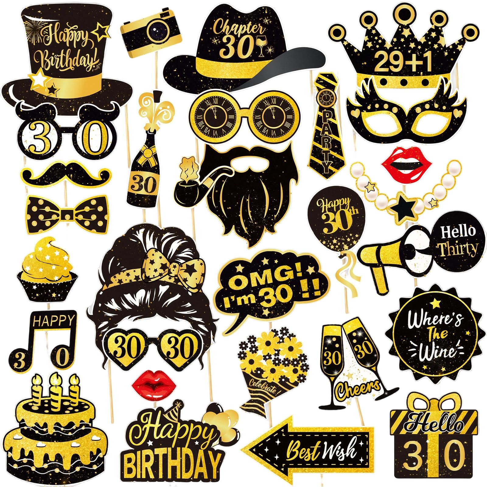 Tingliyi 30th Birthday Decorations, Party Accessories for Adults, Photo Booth Props with 30th Birthday Props, Cheers to 30th Party Supplies for Men Women(Black & Gold)