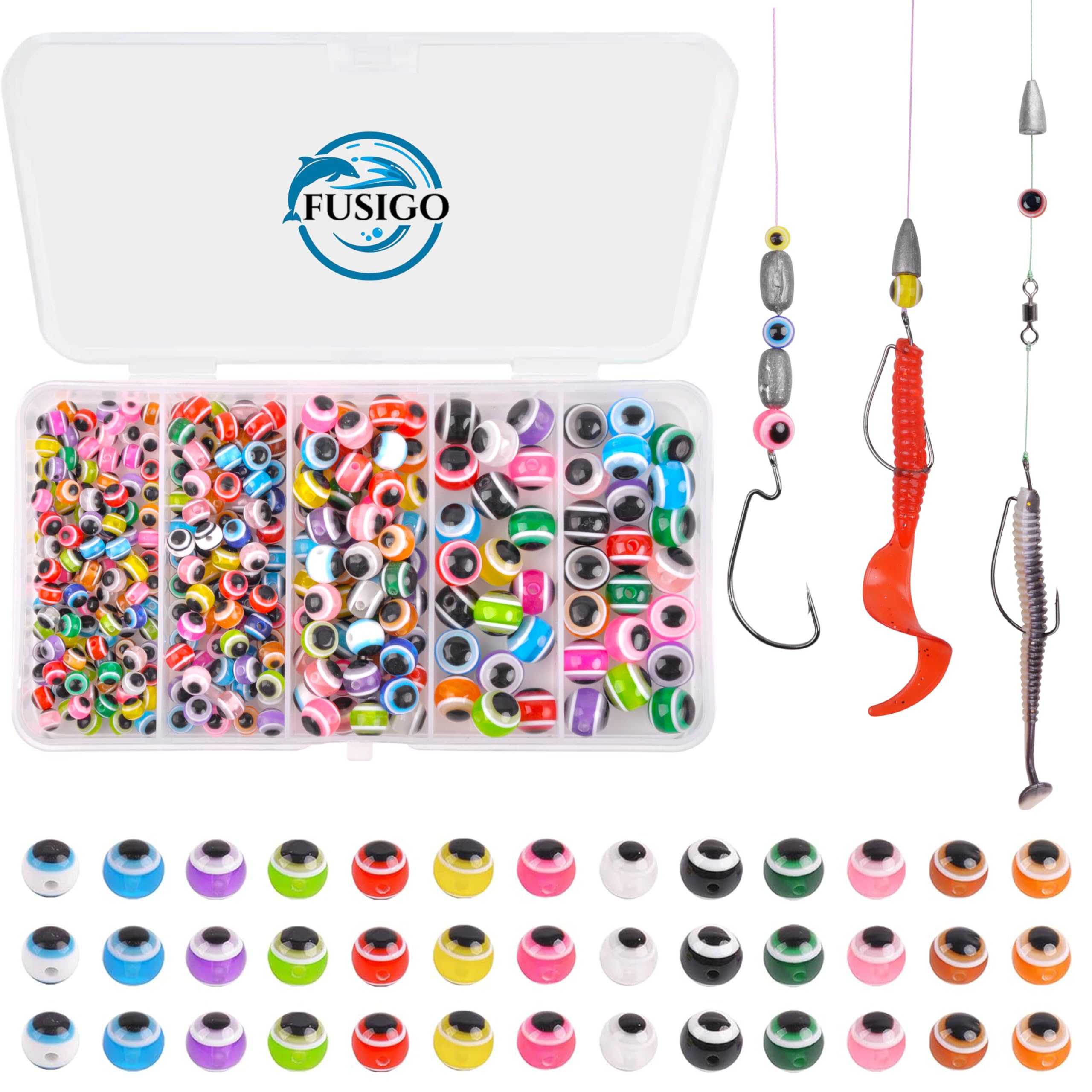 FUSIGO Fishing Beads Assortment Kit Hard Plastic Fishing Line Beads Bait Eggs for Texas Carolina Rigs Fish Rigs DIY Kit, 300pcs Mix