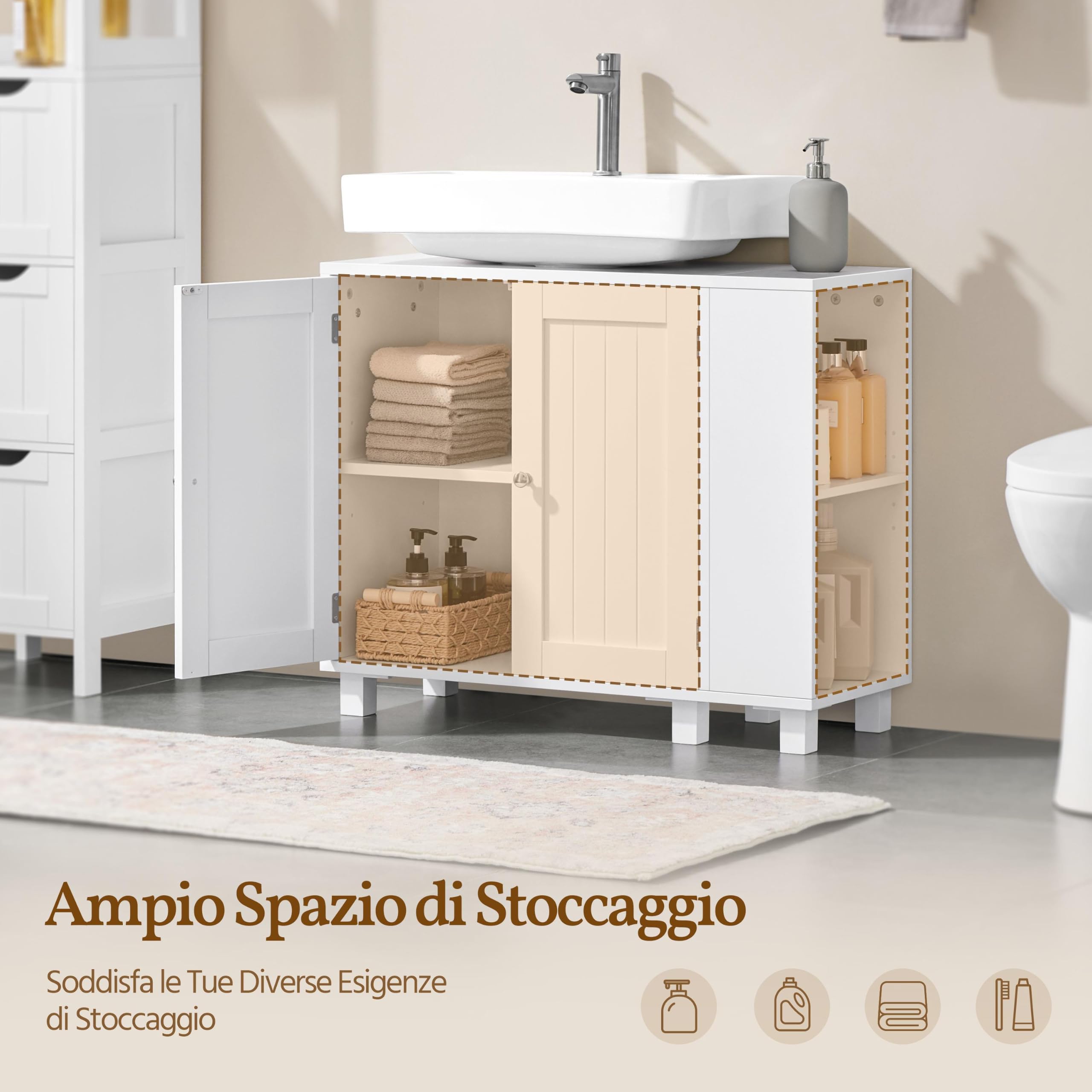 Yaheetech Mueble Bajo Lavabo, Armario de Baño, Apto para Lavabos con Pedestal, con Armario de Dos Puertas Estantes Ajustables Armario de Baño con Almacenamiento Lateral Abierto Ganchos, Blanco